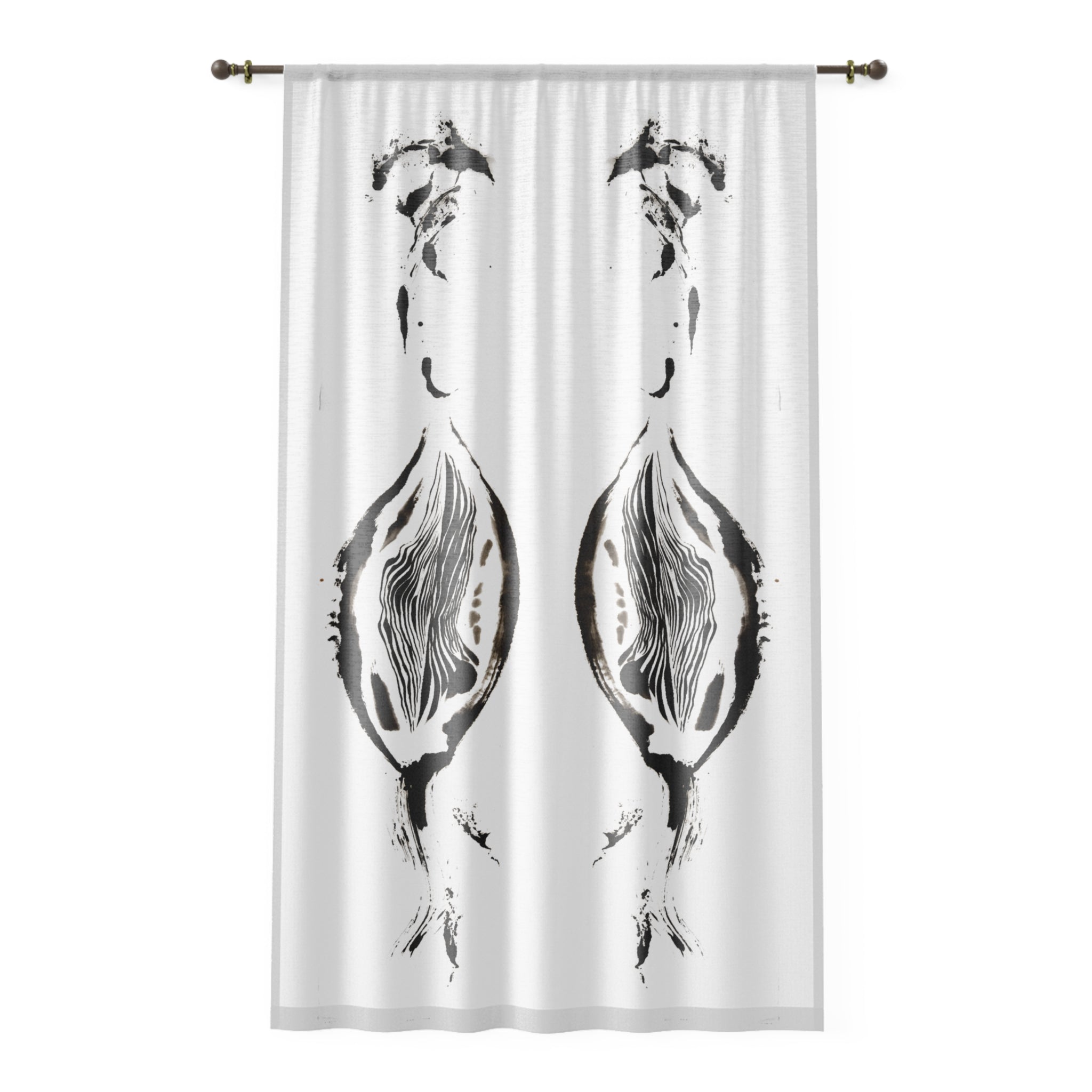 Sheer Botanical Print Window Curtain – Monochrome Floral Stem Design