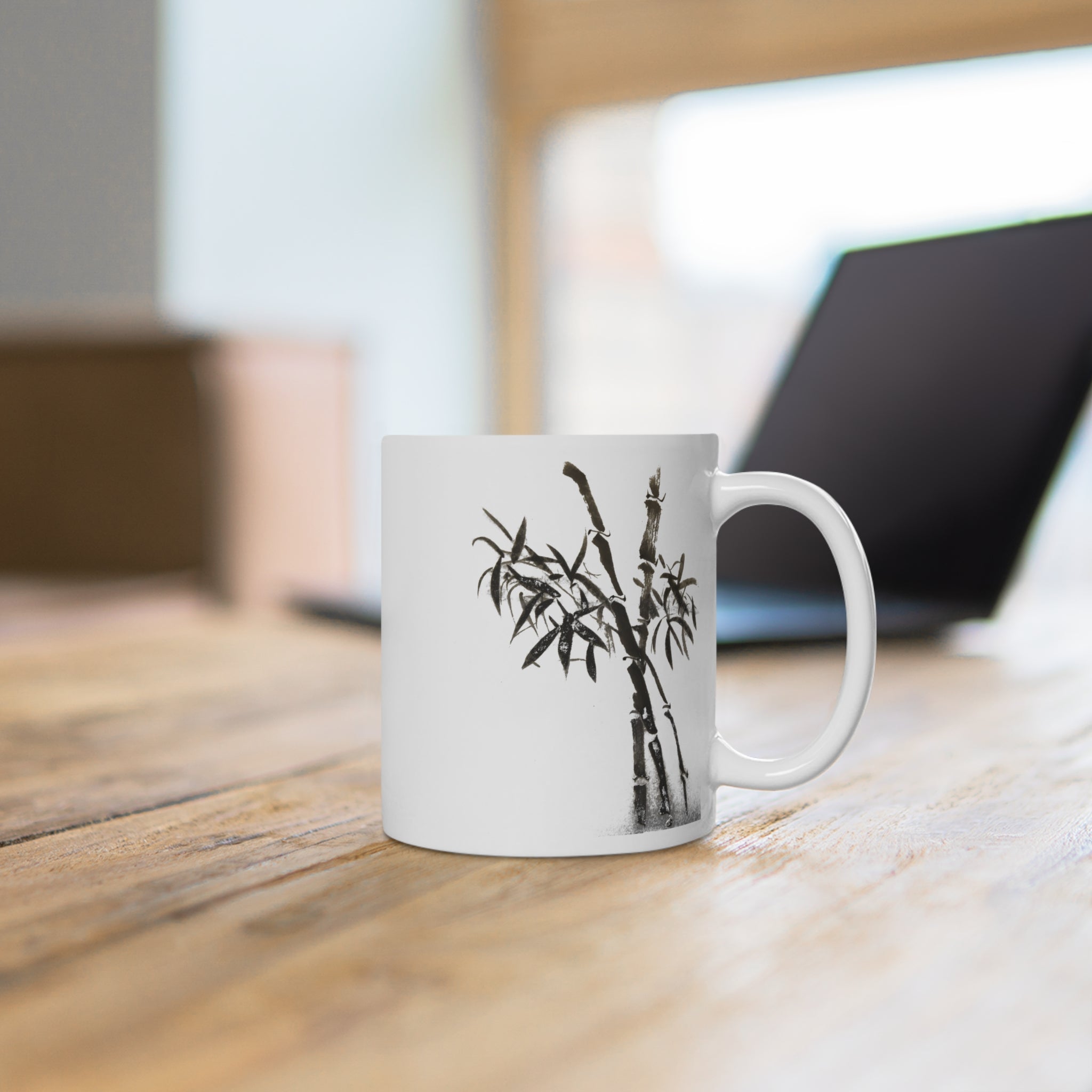 Ceramic Mug — Minimal Black Ink Bamboo Design