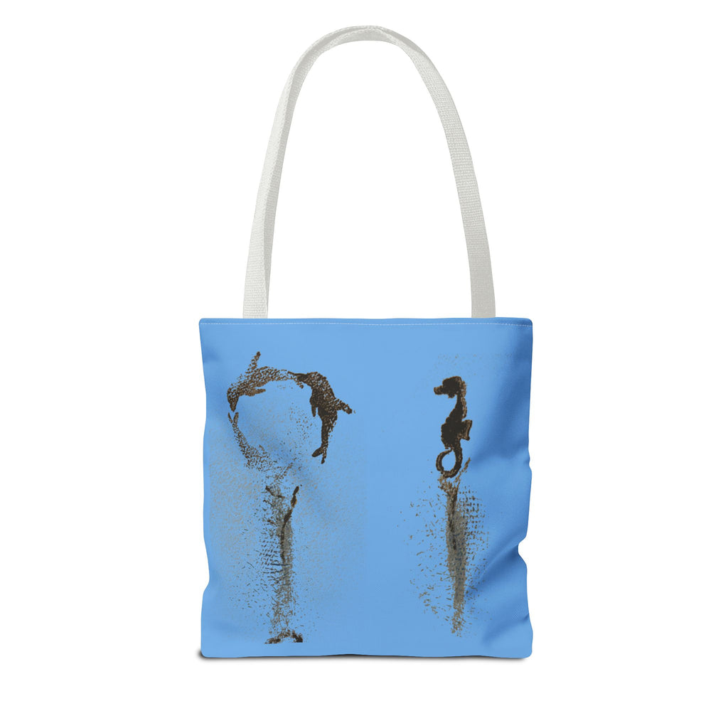 Blue Sea Life Tote Bag — Sand Art Seahorse & Coral All-Over Print