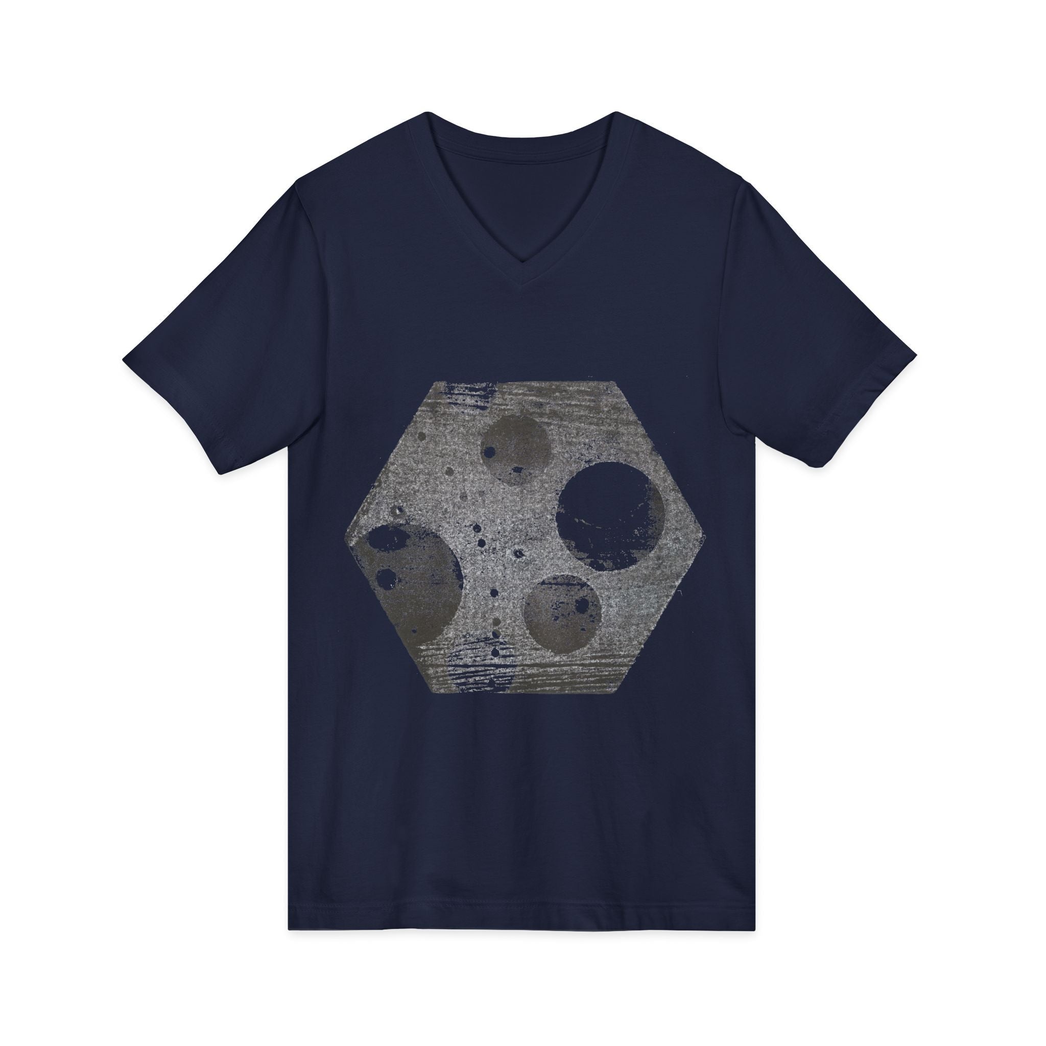 Hex Moon Graphic Tee Design Hex15 — Een vintage T-shirt met V-hals en ruimtekaasmotief, geïnspireerd op astronomie.