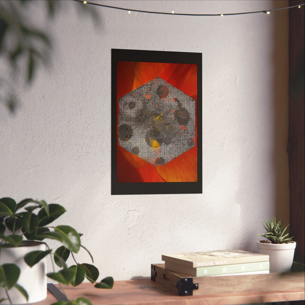 Abstract Hex Moon Poster — Orange Red Floral Background Matte Vertical Art Print