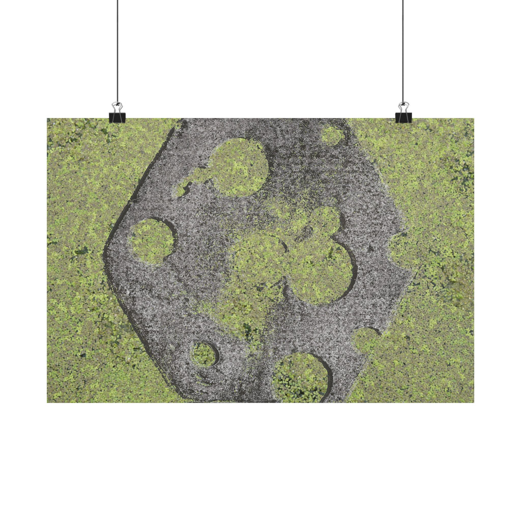 Matte horizontale poster met mosbegroeide maankrater — Botanisch groene maanwanddecoratie 