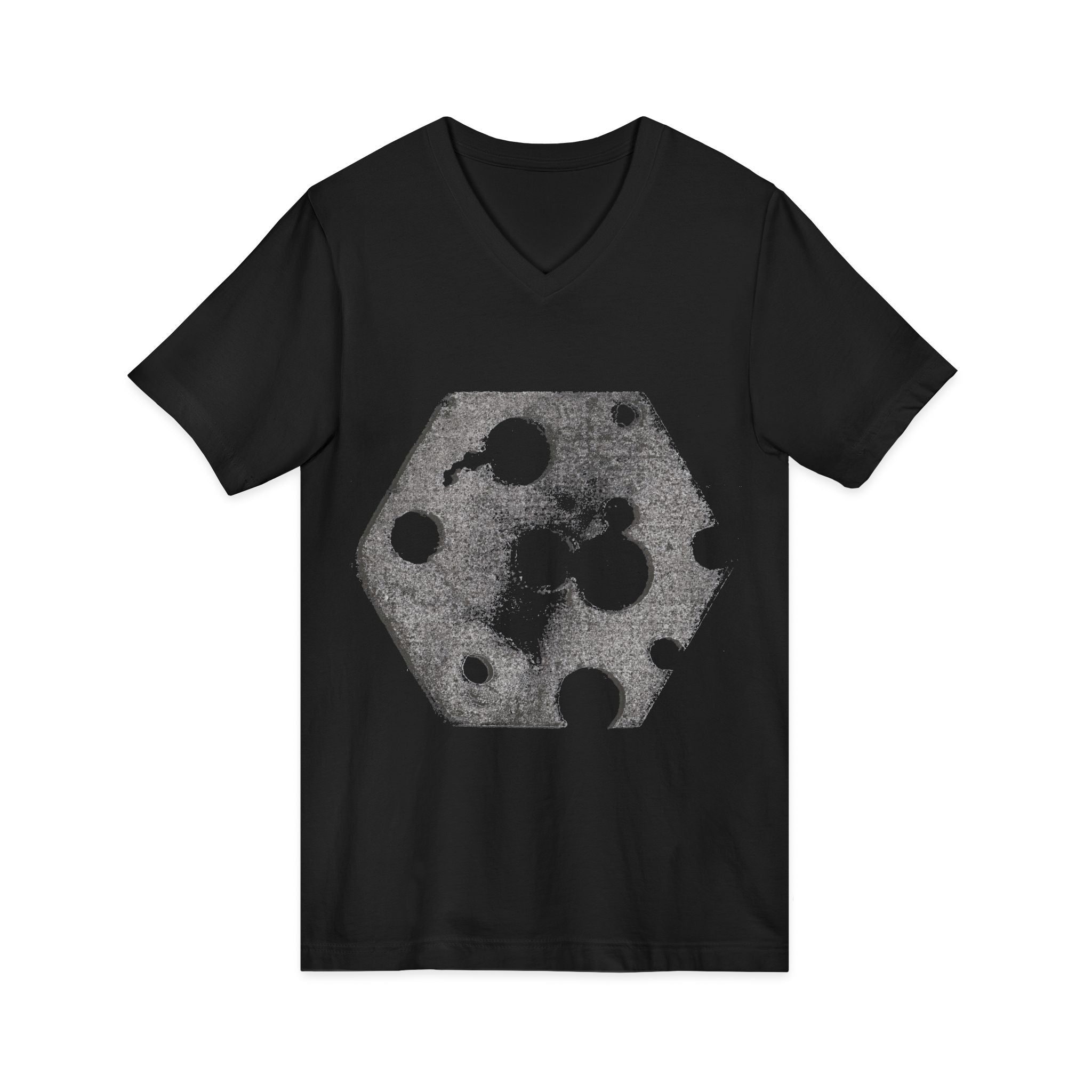 Hex Moon Graphic Tee Design Hex12 — Een vintage T-shirt met V-hals en een verweerde Space Cheese-look, geïnspireerd op astronomie.