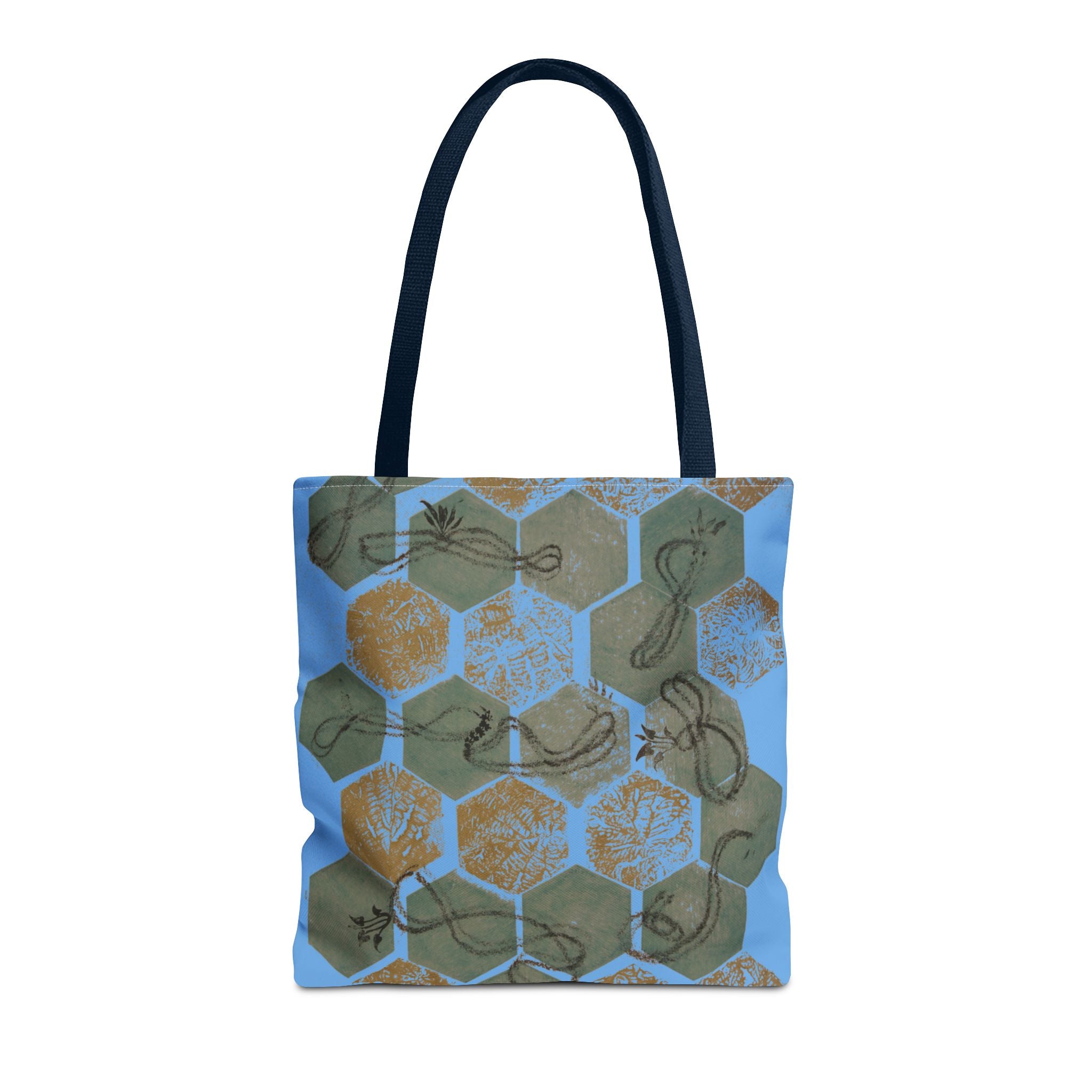 Hexagon Honeycomb Tote Bag — Blue Botanical Pattern AOP
