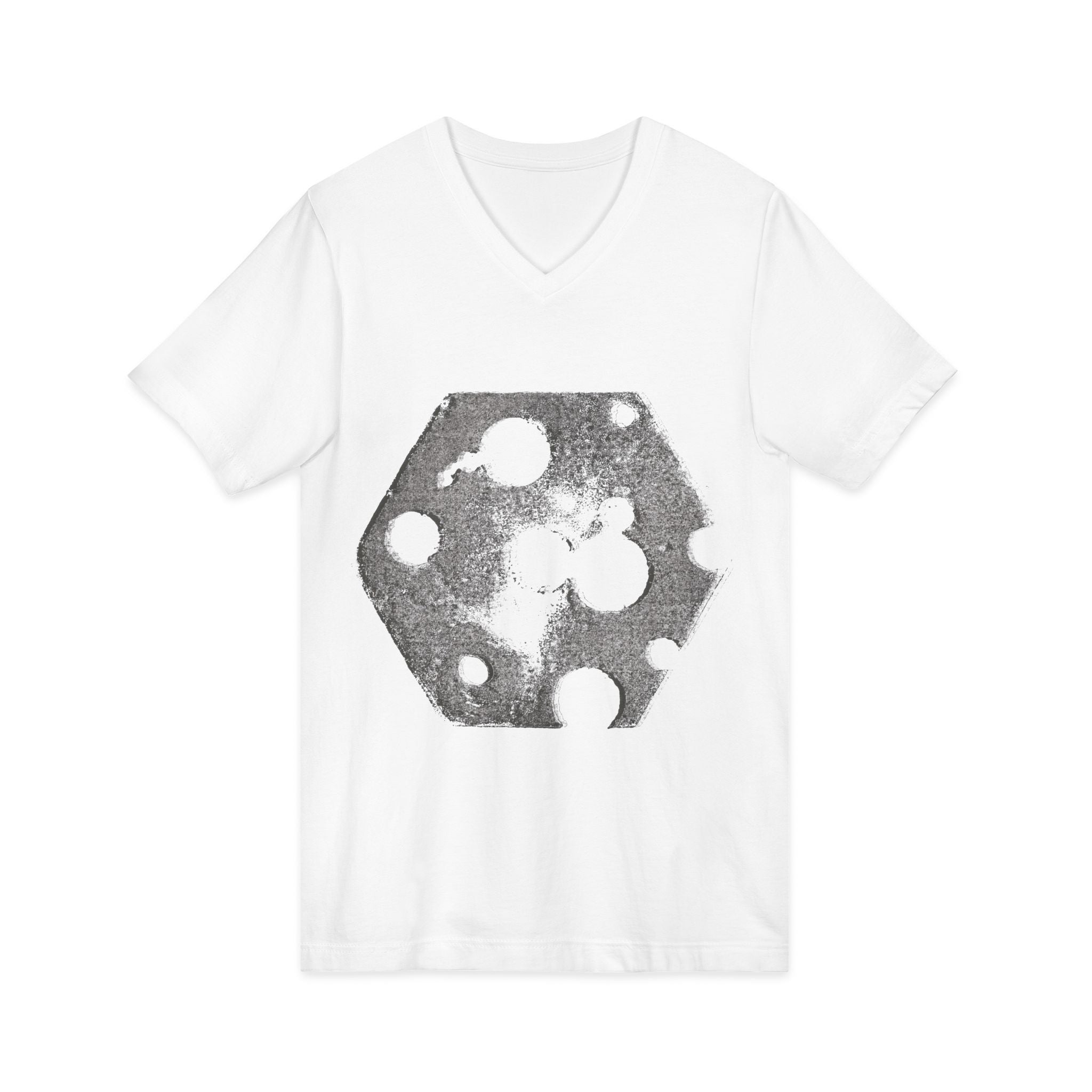 Hex Moon Graphic Tee Design Hex12 — Een vintage T-shirt met V-hals en een verweerde Space Cheese-look, geïnspireerd op astronomie.