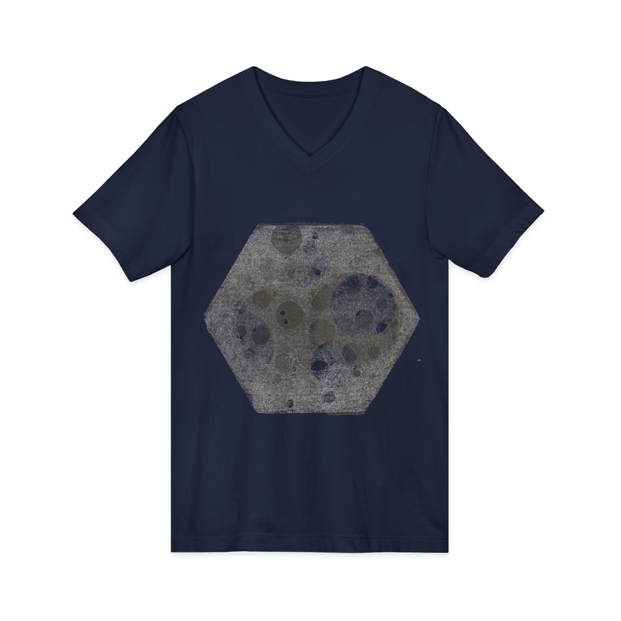 Hex Moon Graphic Tee Design Hex13 — Een vintage T-shirt met V-hals en ruimtekaasmotief, geïnspireerd op astronomie.
