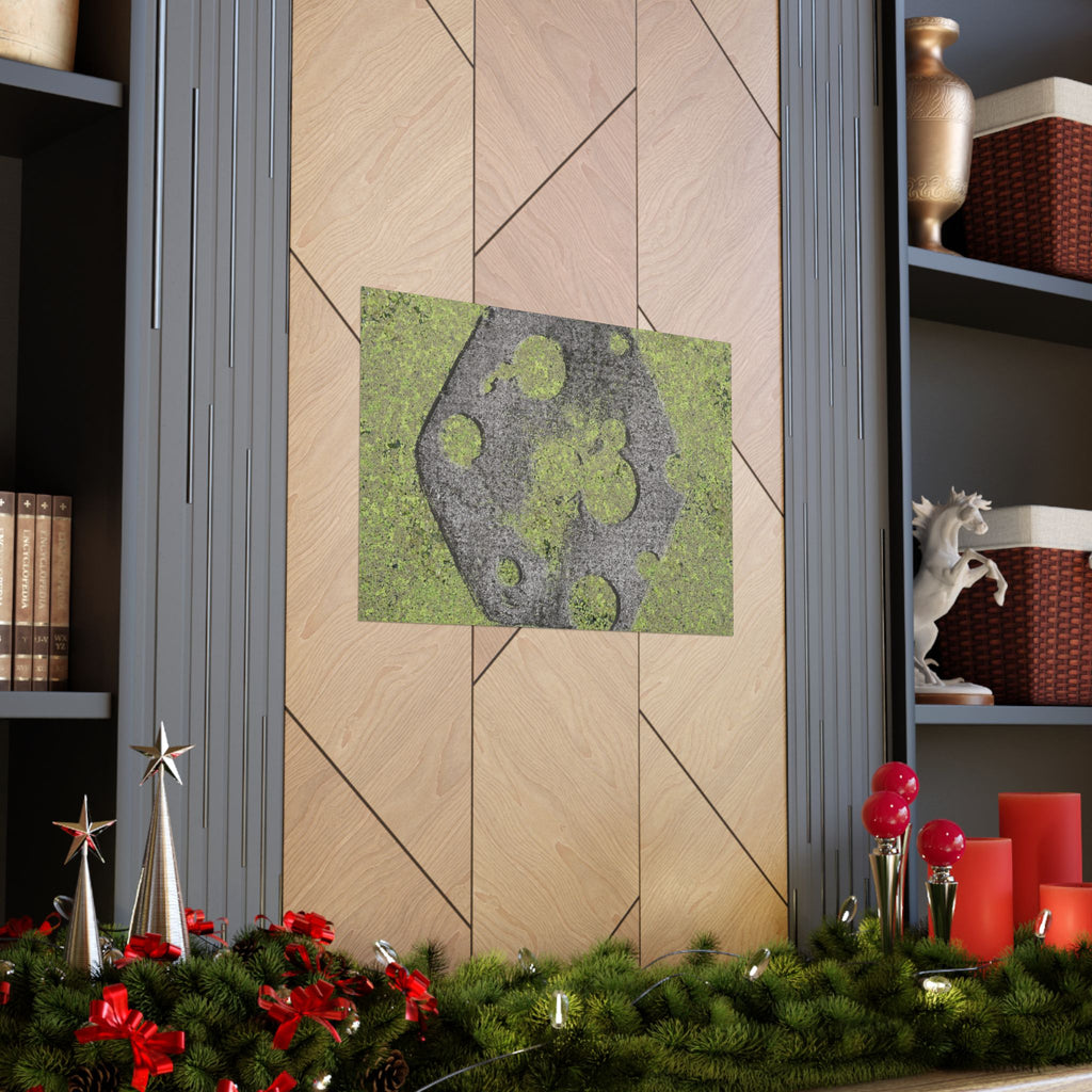 Matte horizontale poster met mosbegroeide maankrater — Botanisch groene maanwanddecoratie 