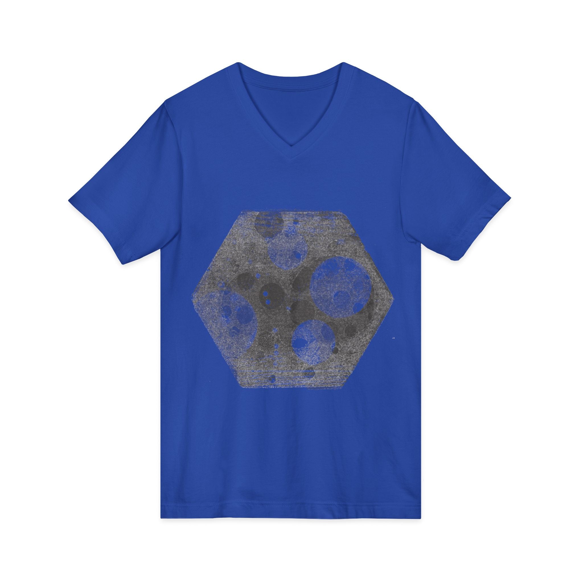 Hex Moon Graphic Tee Design Hex13 — Een vintage T-shirt met V-hals en ruimtekaasmotief, geïnspireerd op astronomie.