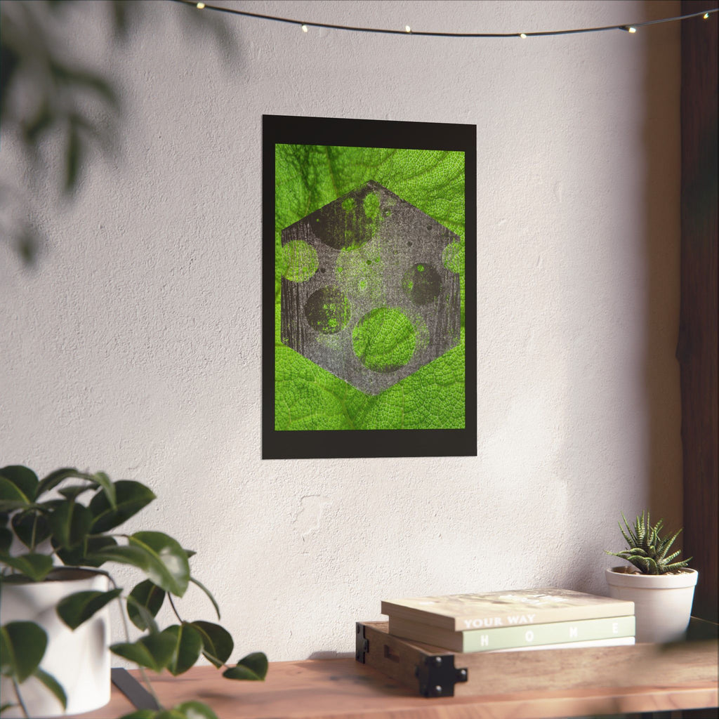 Geometric Moon Hex Poster — Grunge Green Matte Vertical Art Print