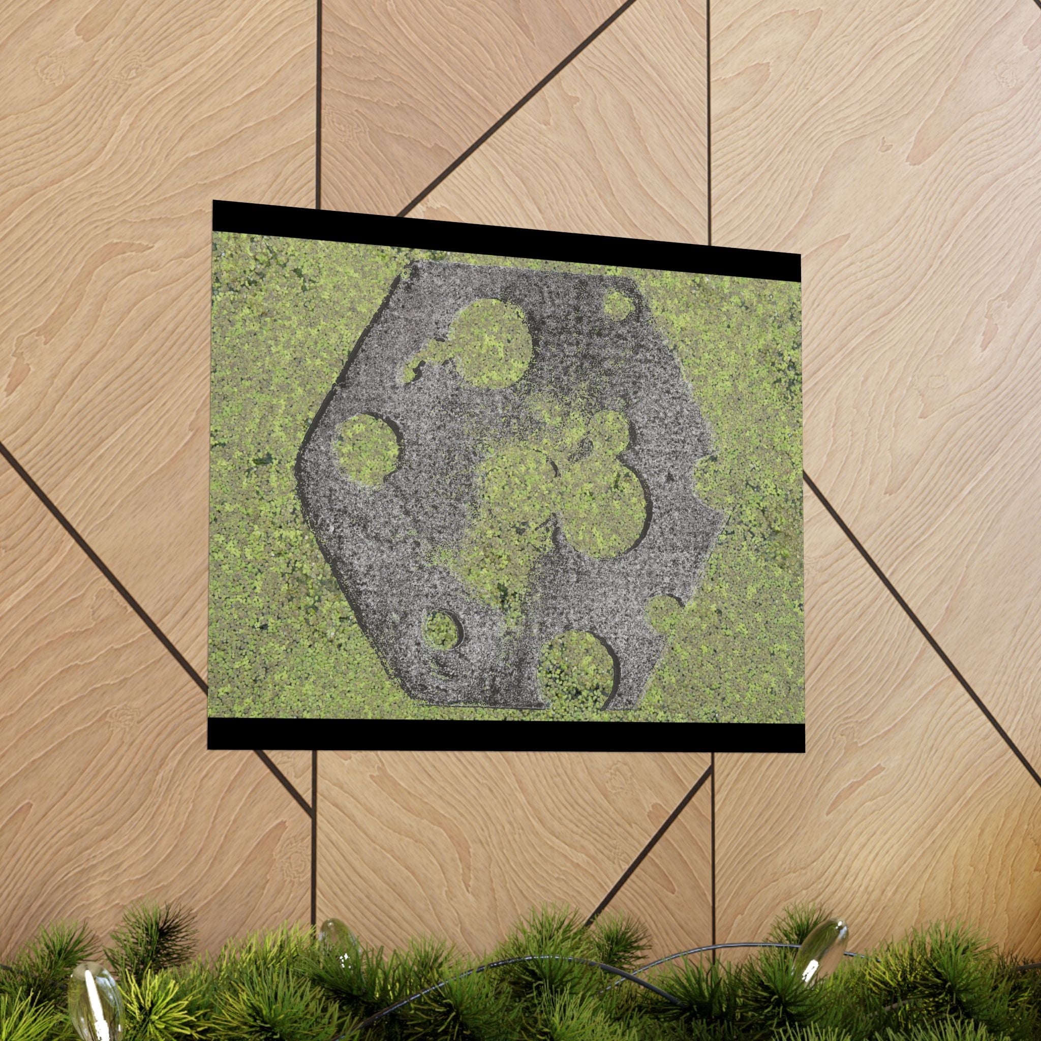 Matte horizontale poster met mosbegroeide maankrater — Botanisch groene maanwanddecoratie 