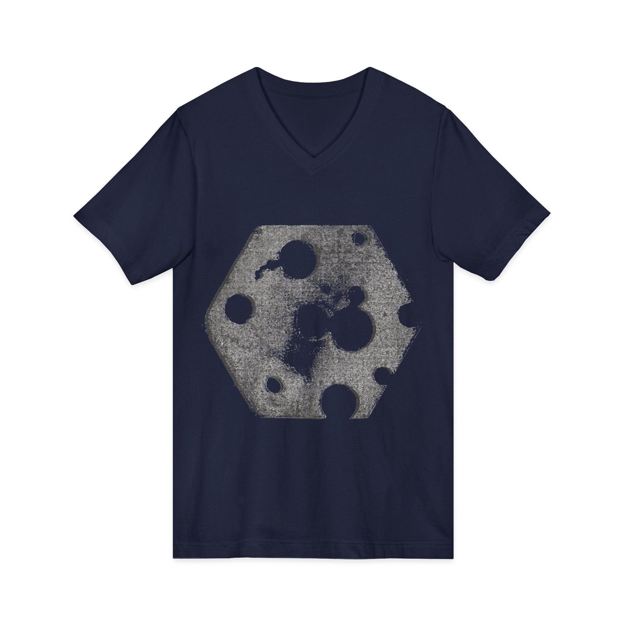 Hex Moon Graphic Tee Design Hex12 — Een vintage T-shirt met V-hals en een verweerde Space Cheese-look, geïnspireerd op astronomie.