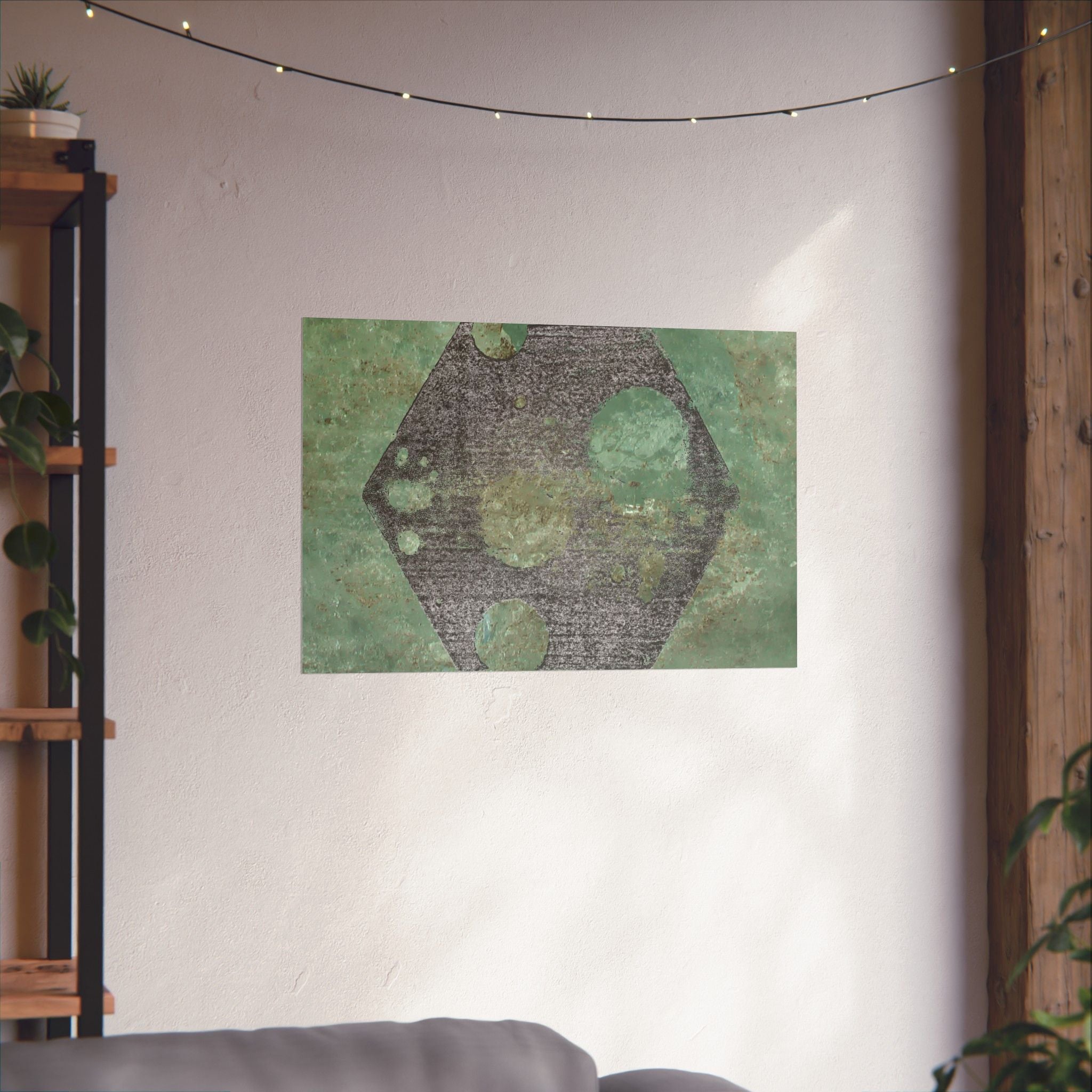 Geometric Hexagon Moon Art Matte Horizontal Poster | Green Abstract Celestial Print