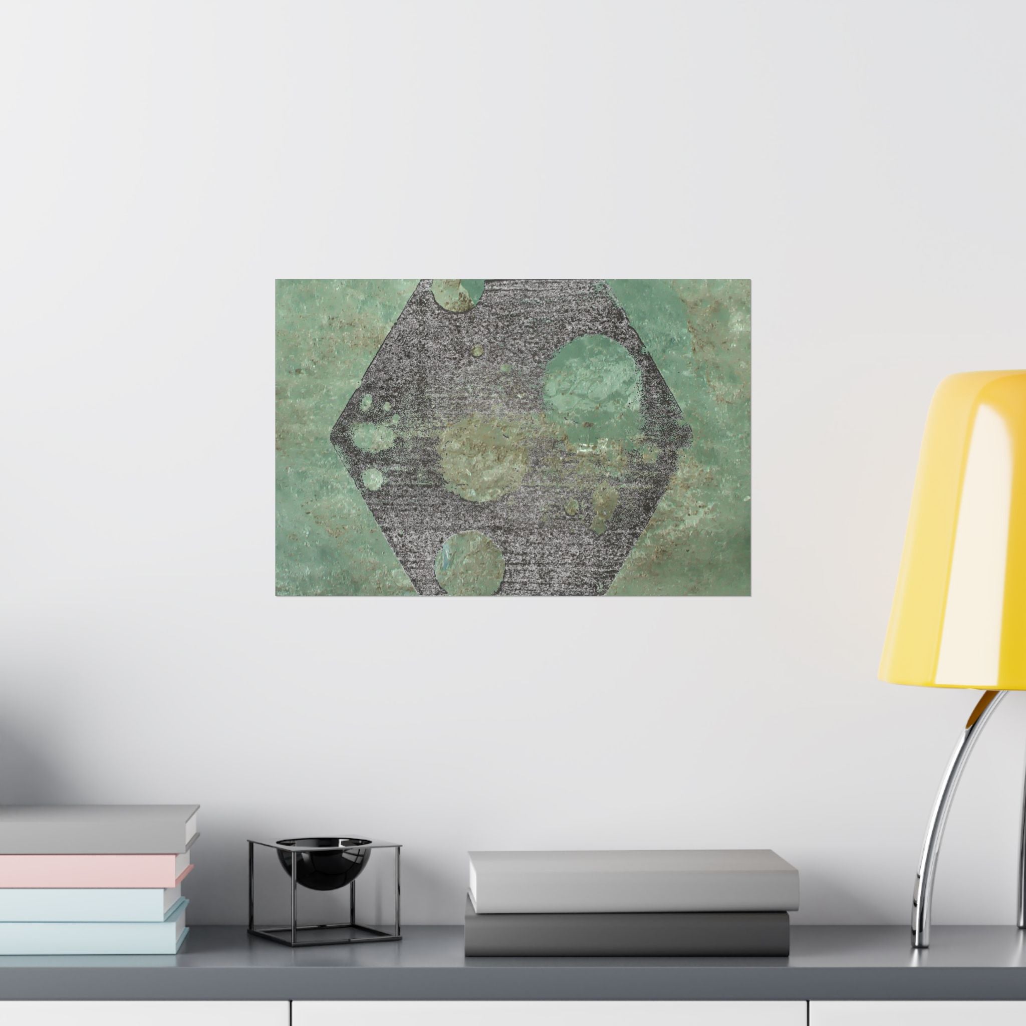 Geometric Hexagon Moon Art Matte Horizontal Poster | Green Abstract Celestial Print