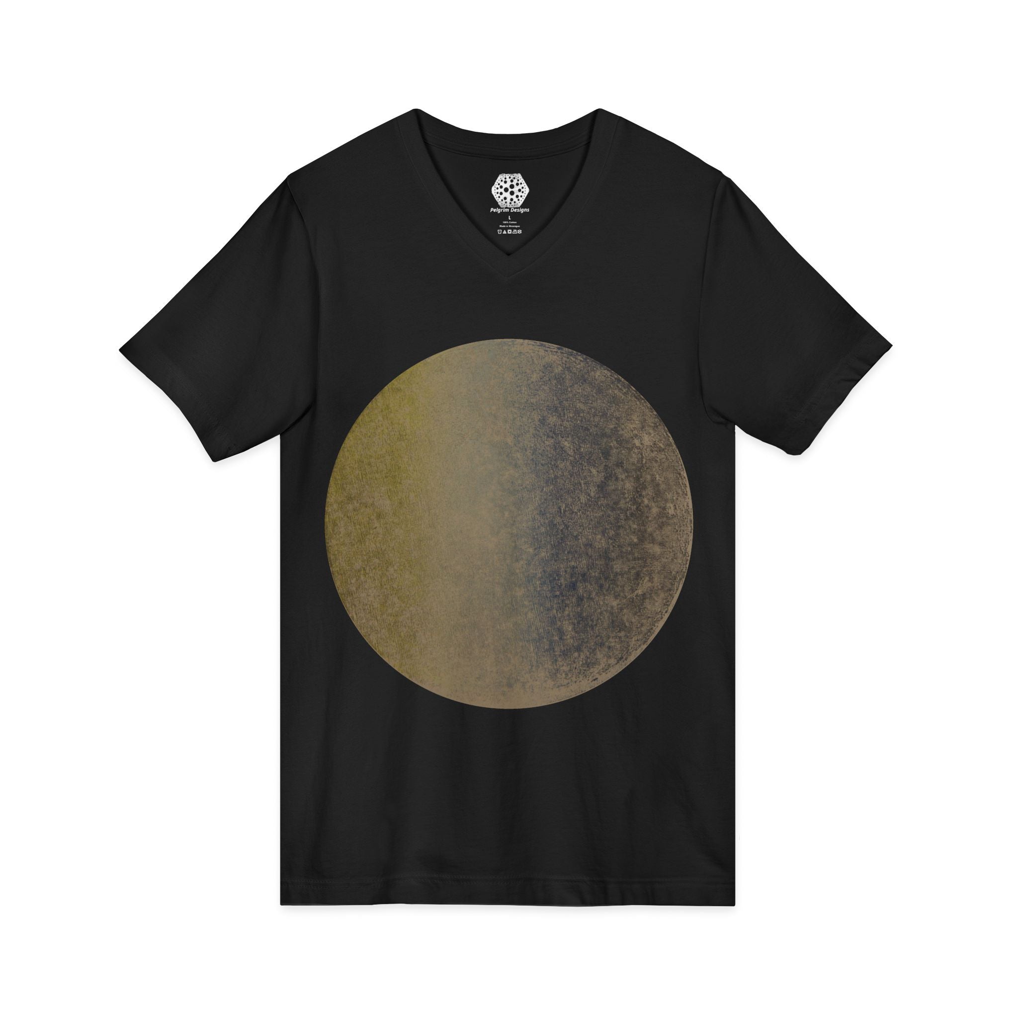 Gold Textured Moon V-Neck Tee — Celestial Minimalist Graphic Shirt