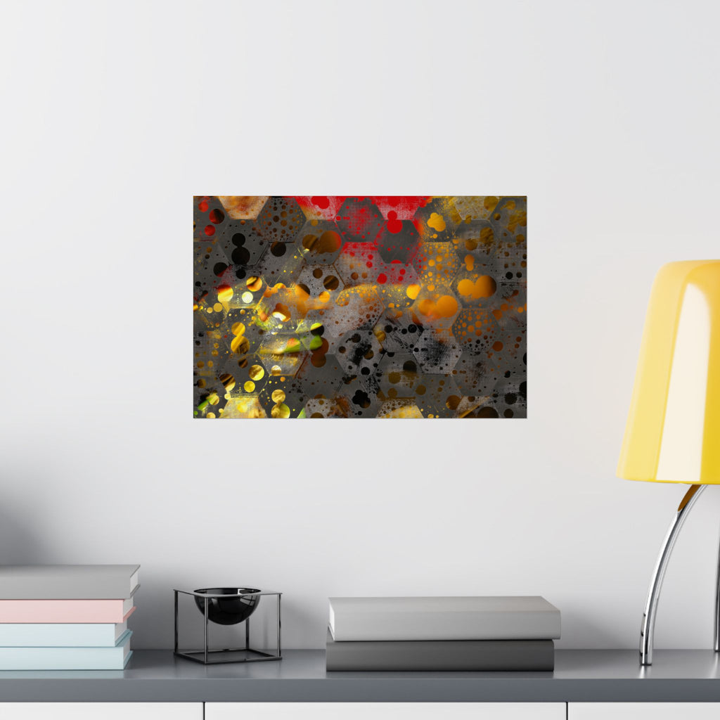 Abstracte matte poster met honingraatpatroon — Geometrische kunst in warme goud- en roesttinten 