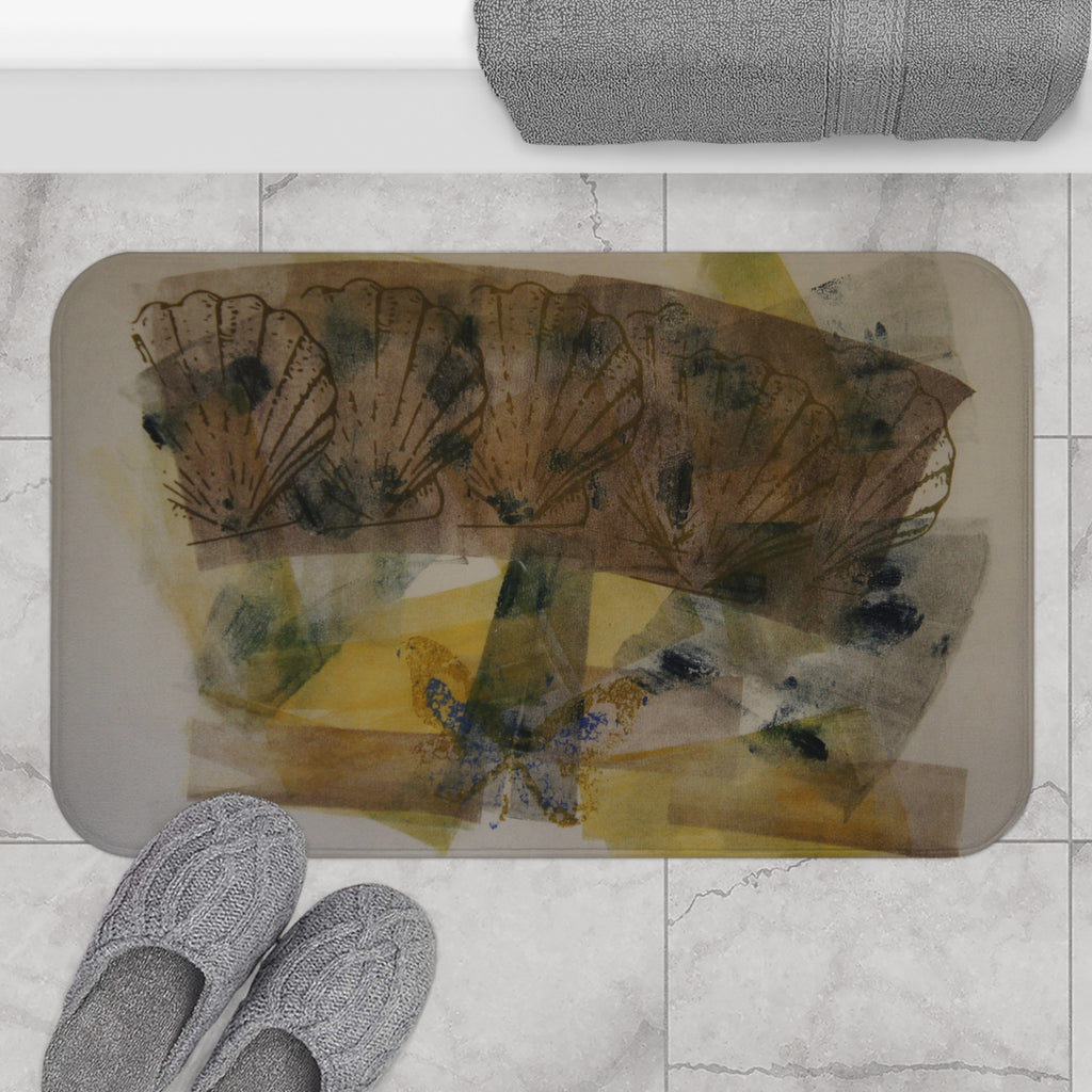 Abstract Botanical Bath Mat — Soft Yellow & Earth Tone Floral Design