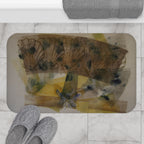 Abstract Botanical Bath Mat — Soft Yellow & Earth Tone Floral Design