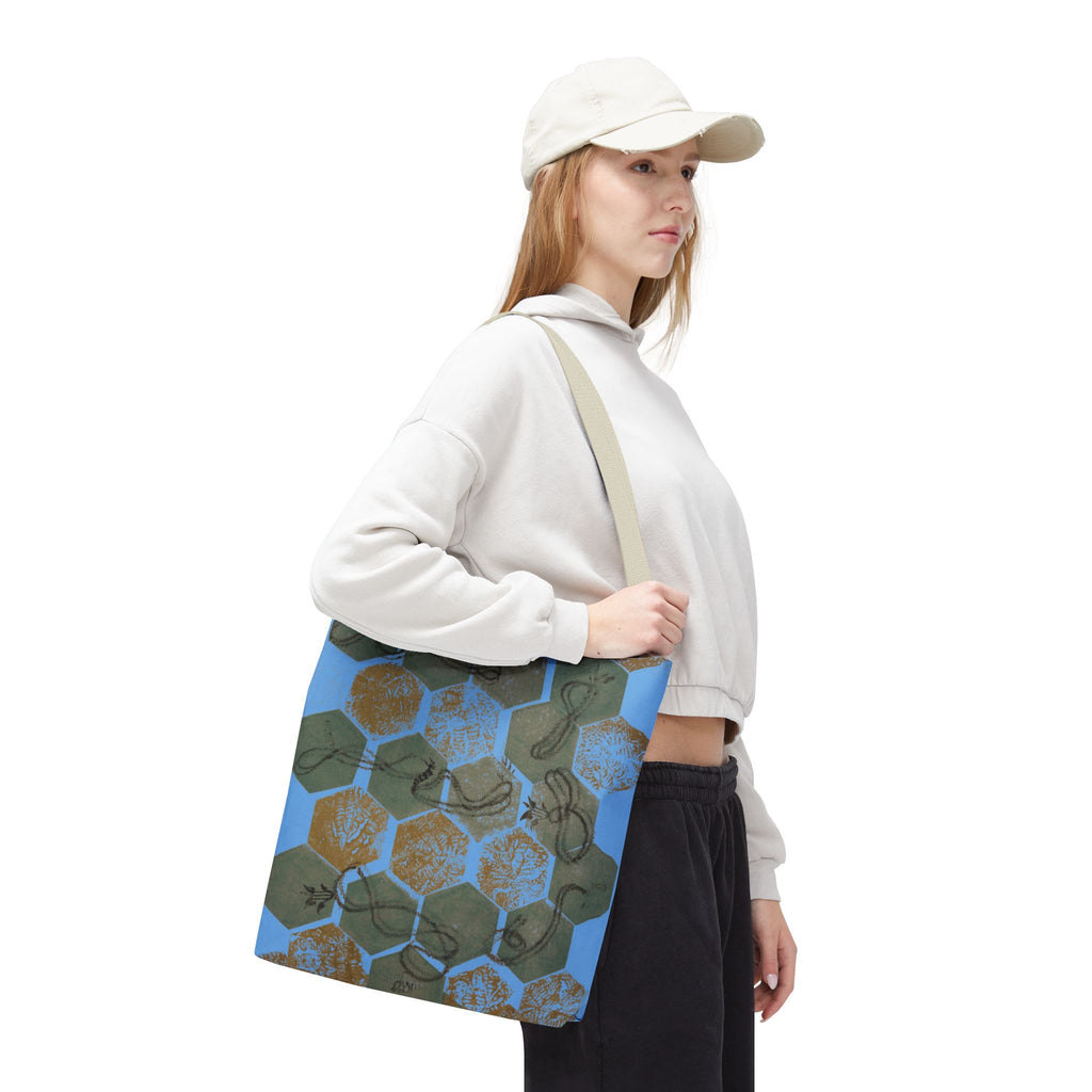 Hexagon Honeycomb Tote Bag — Blue Botanical Pattern AOP