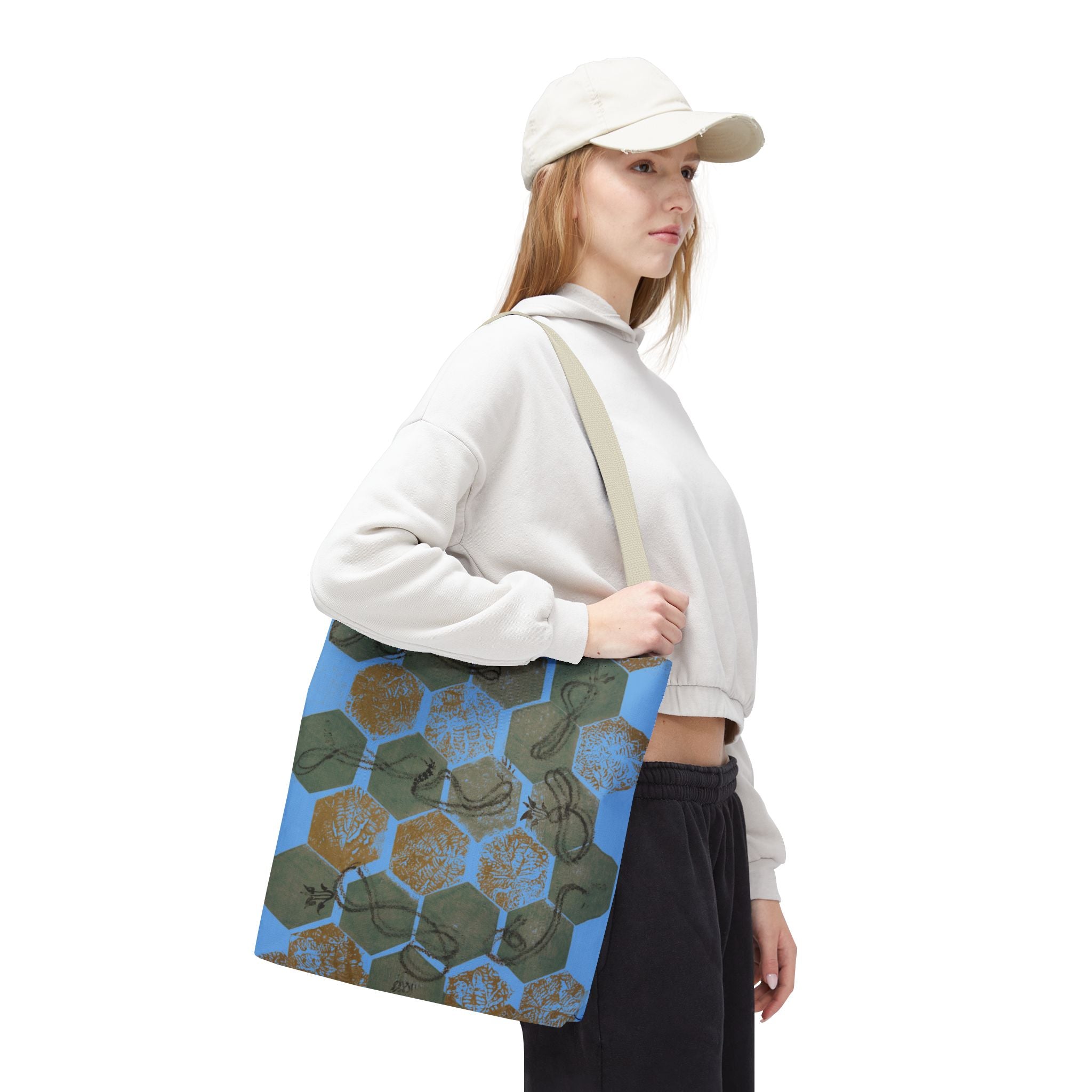 Hexagon Honeycomb Tote Bag — Blue Botanical Pattern AOP