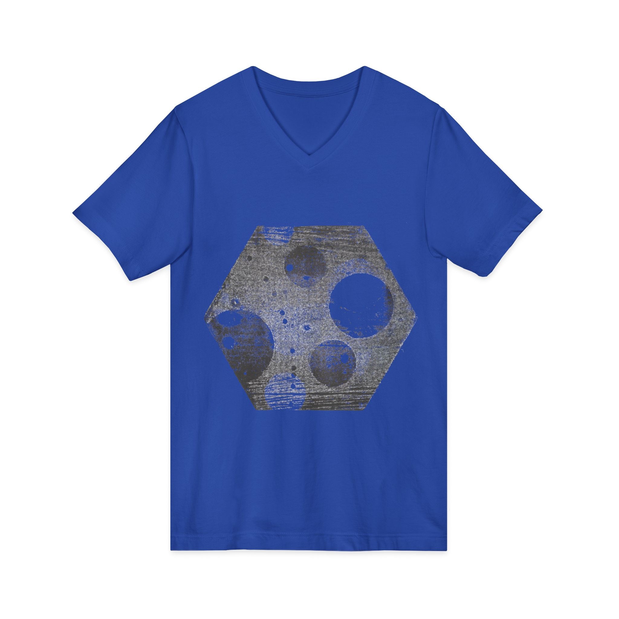 Hex Moon Graphic Tee Design Hex15 — Een vintage T-shirt met V-hals en ruimtekaasmotief, geïnspireerd op astronomie.