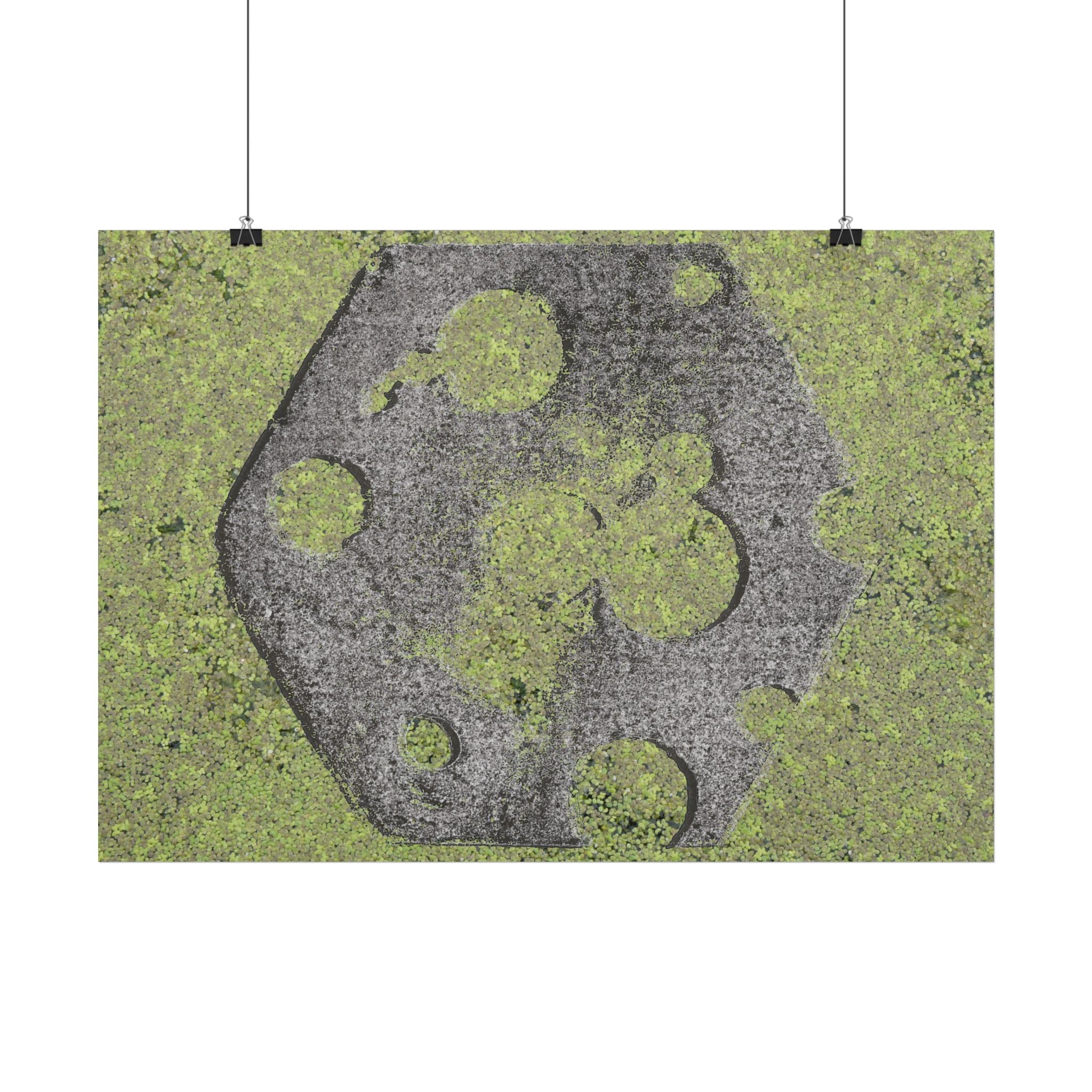 Poster met mosbegroeide maankrater (horizontaal) — Botanische groene maanwanddecoratie 