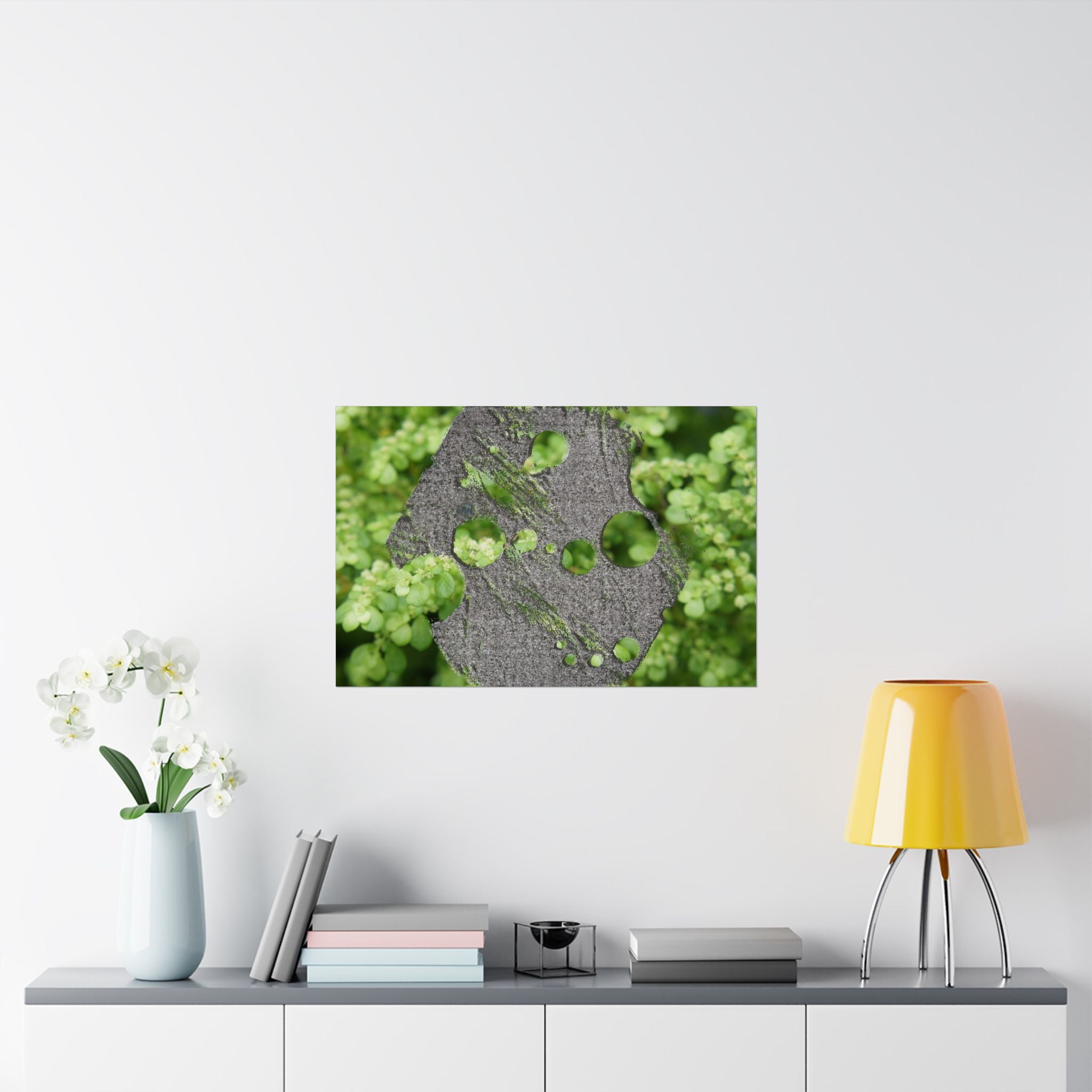 Abstracte poster met groen mos en verweerd metaal (mat) — Botanische natuur muurdecoratie (horizontaal) 