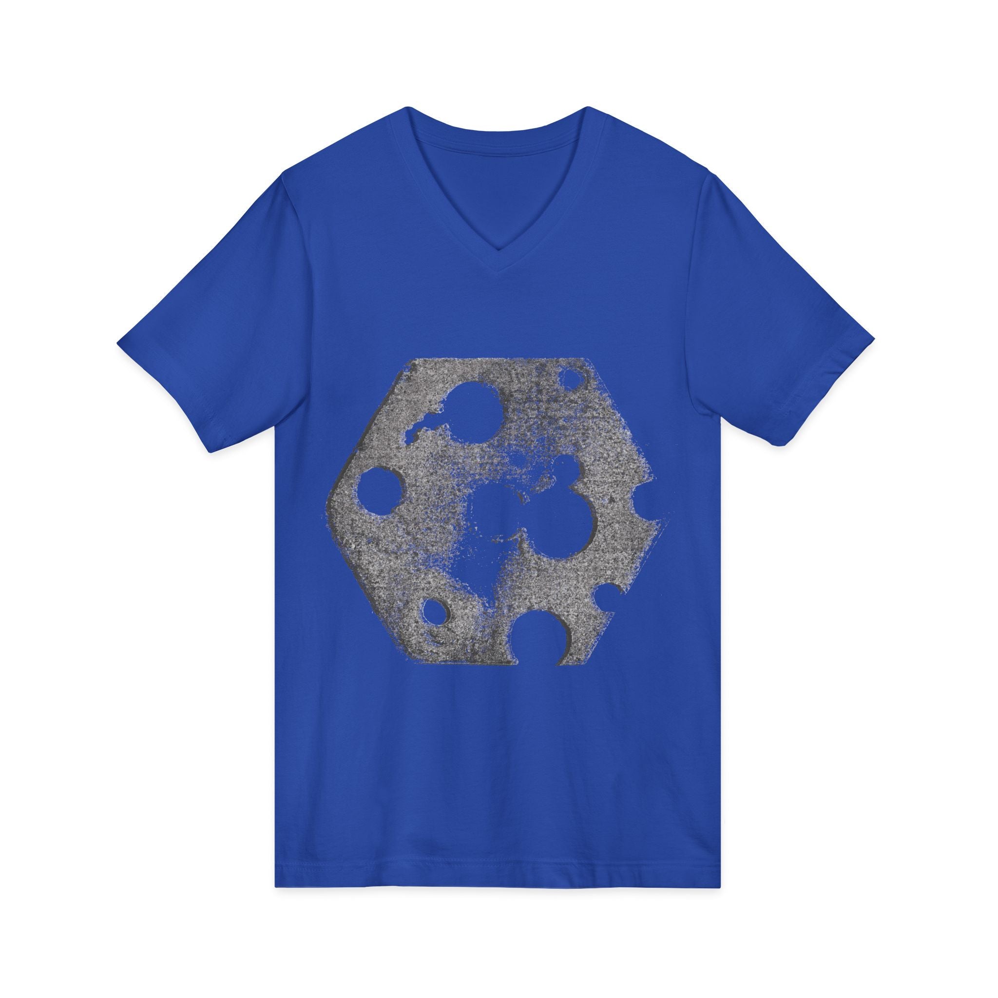 Hex Moon Graphic Tee Design Hex12 — Een vintage T-shirt met V-hals en een verweerde Space Cheese-look, geïnspireerd op astronomie.
