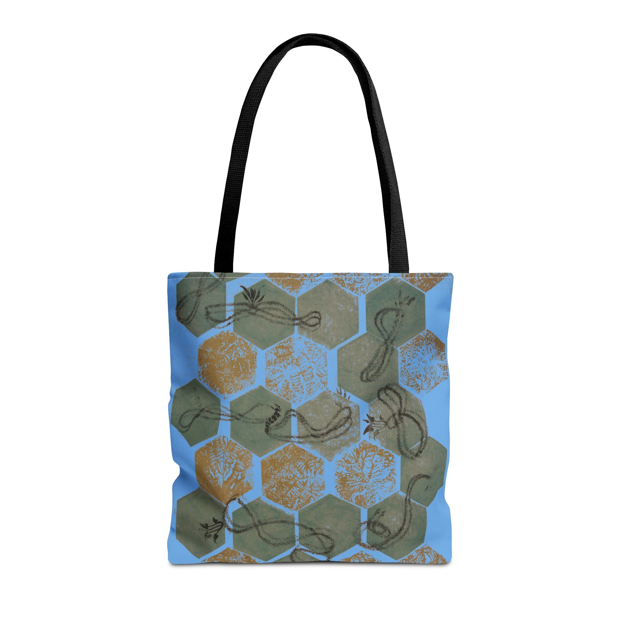 Hexagon Honeycomb Tote Bag — Blue Botanical Pattern AOP