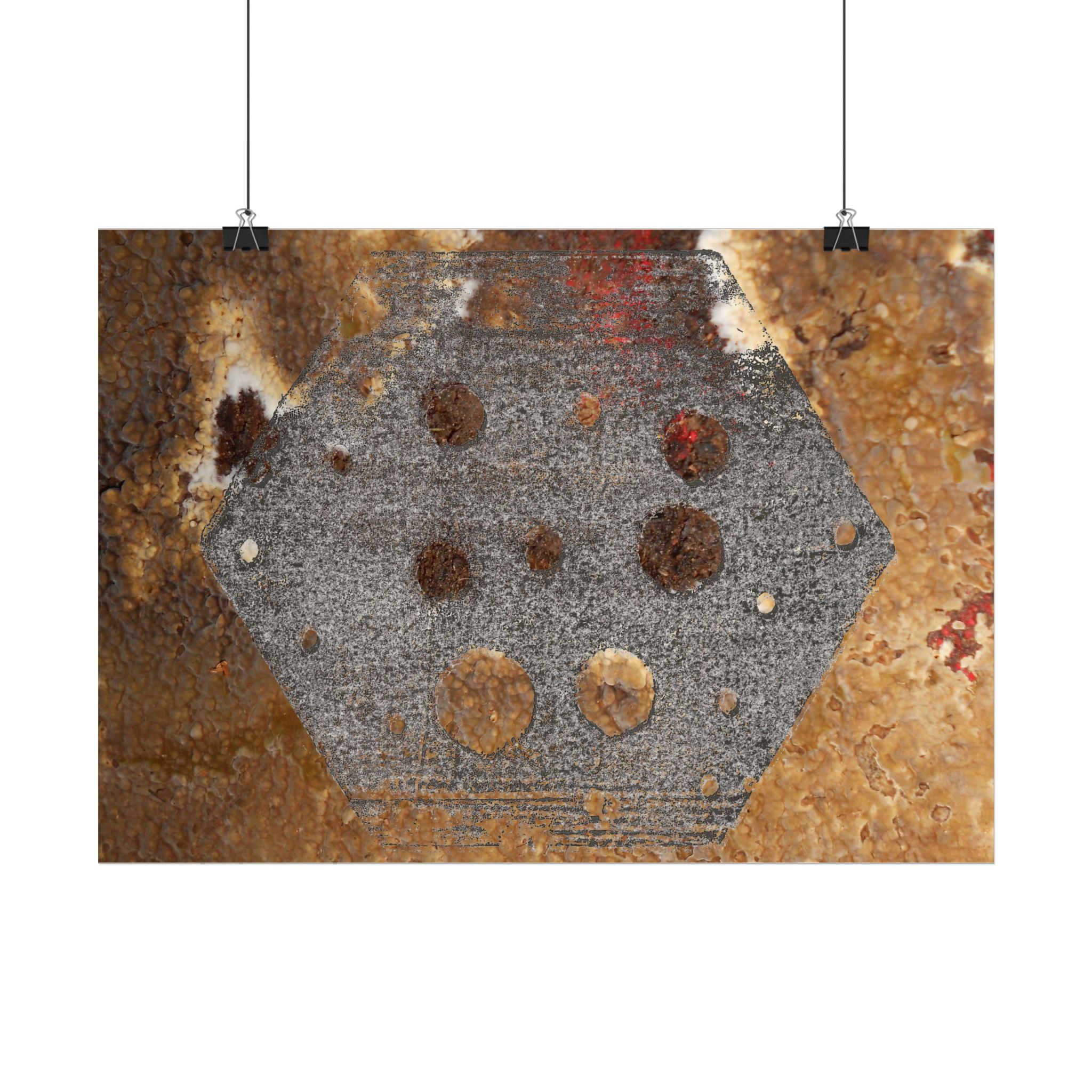 Abstracte roestkleurige zeshoek horizontale poster — Industriële wanddecoratie voor thuis, kantoor en loft. 