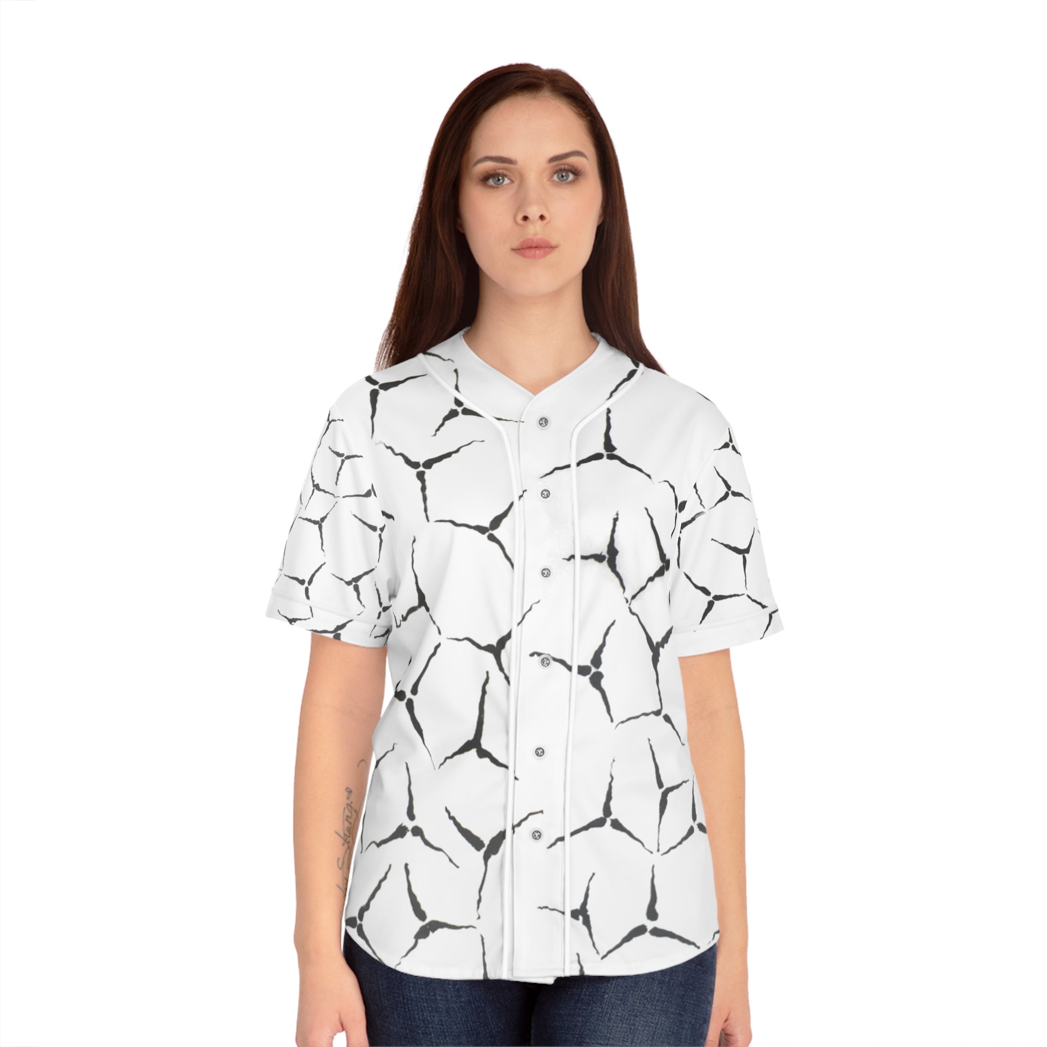 Dames honkbalshirt – Abstracte zwart-witte craqueléprint over het hele shirt 