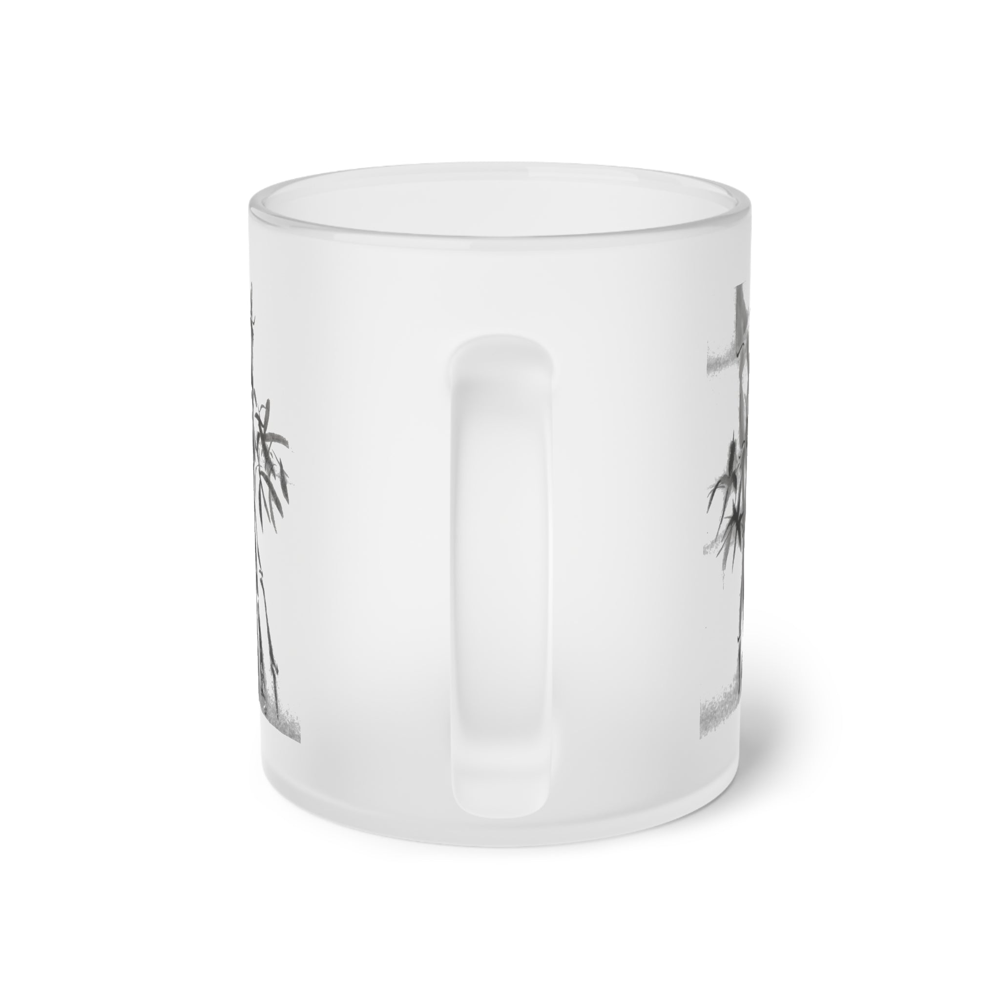 Frosted Glass Mug — Minimal Bamboo Ink Art Coffee Cup