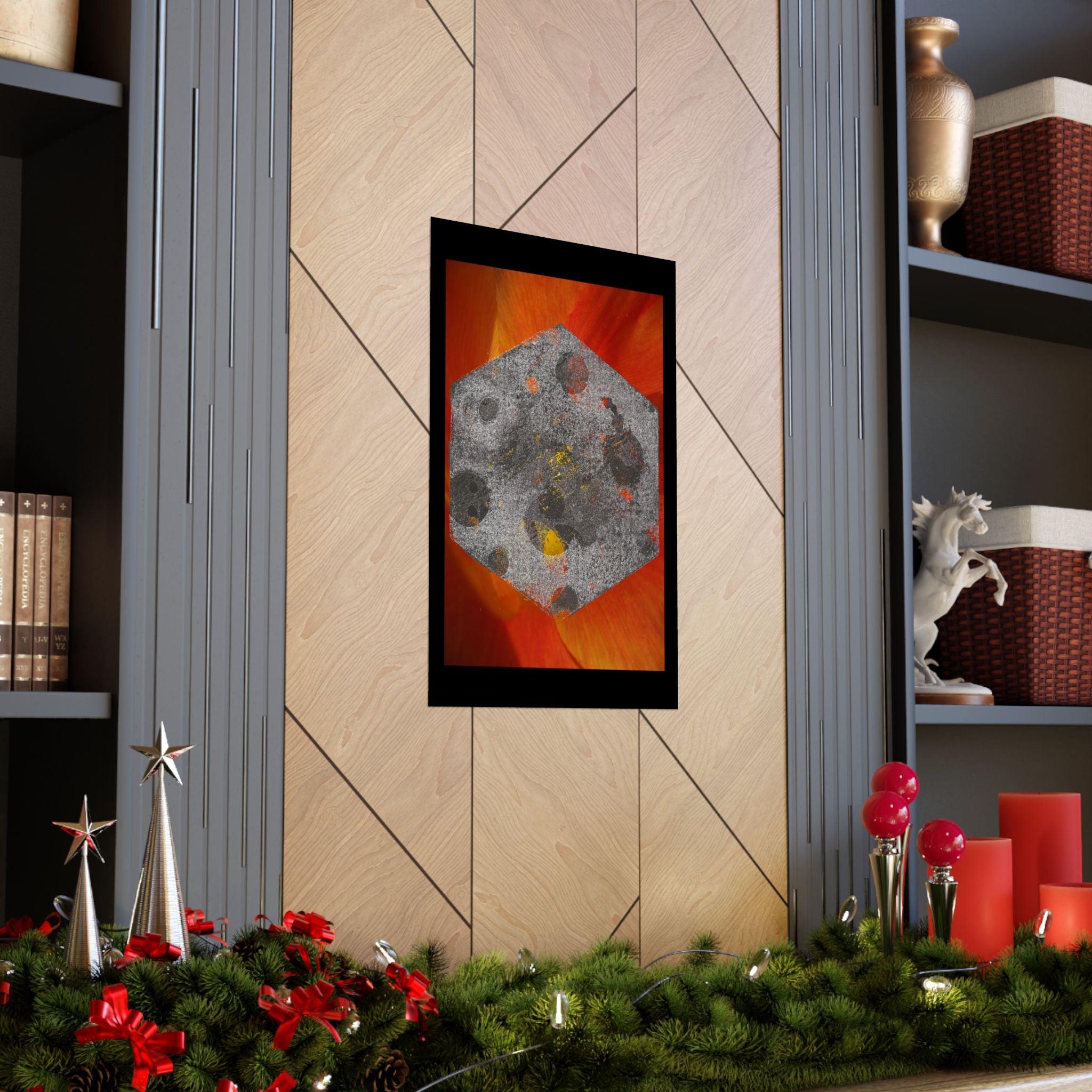 Abstract Hex Moon Poster — Orange Red Floral Background Matte Vertical Art Print