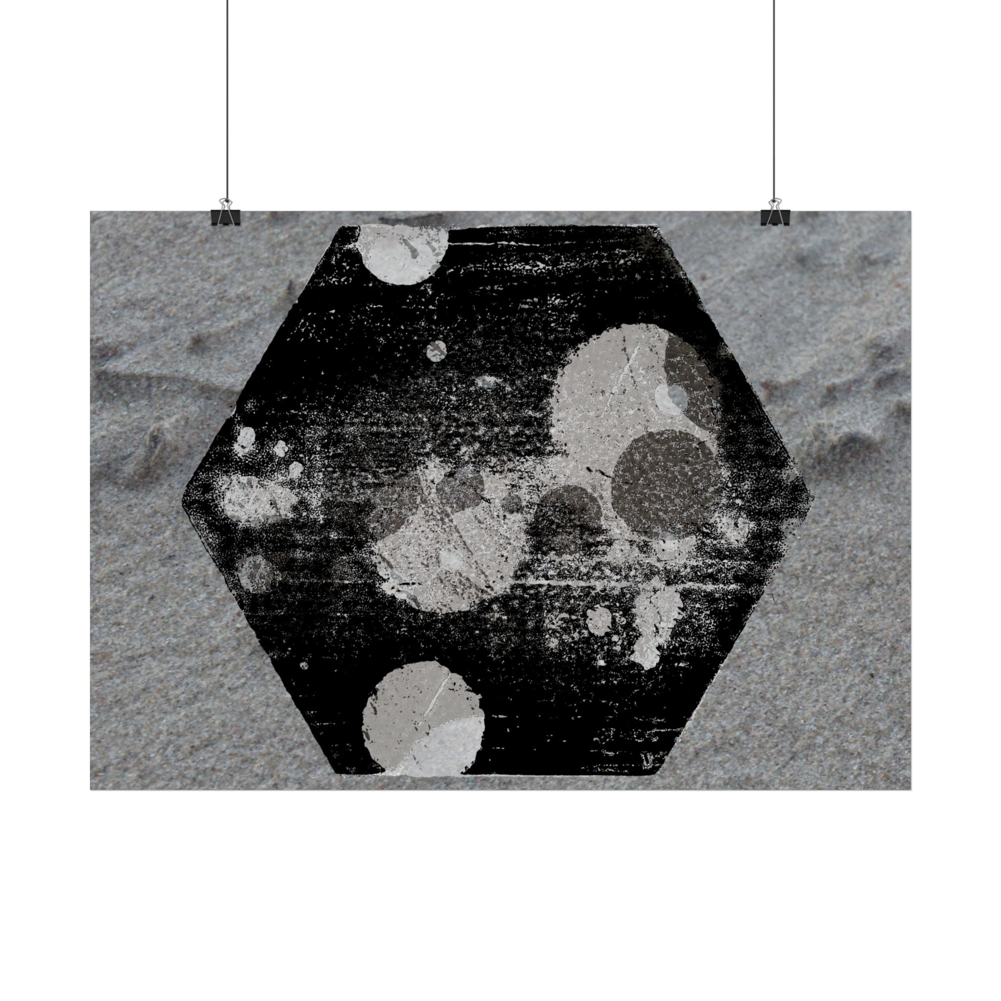 Horizontal Poster — Grunge Hexagon Moonprint (Black & Gray Abstract)