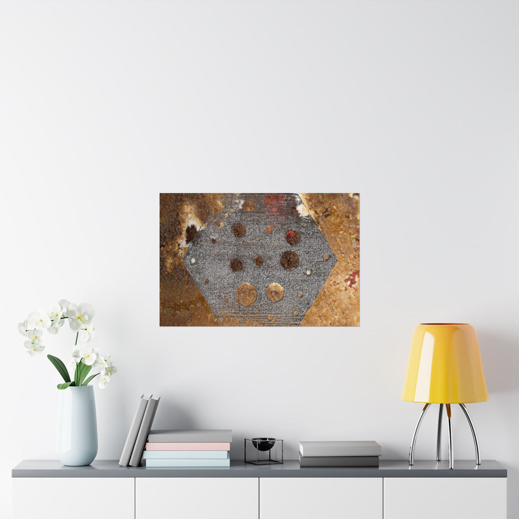Abstracte roestkleurige zeshoekige matte horizontale poster — Industriële wanddecoratie voor thuis, kantoor en loft. 