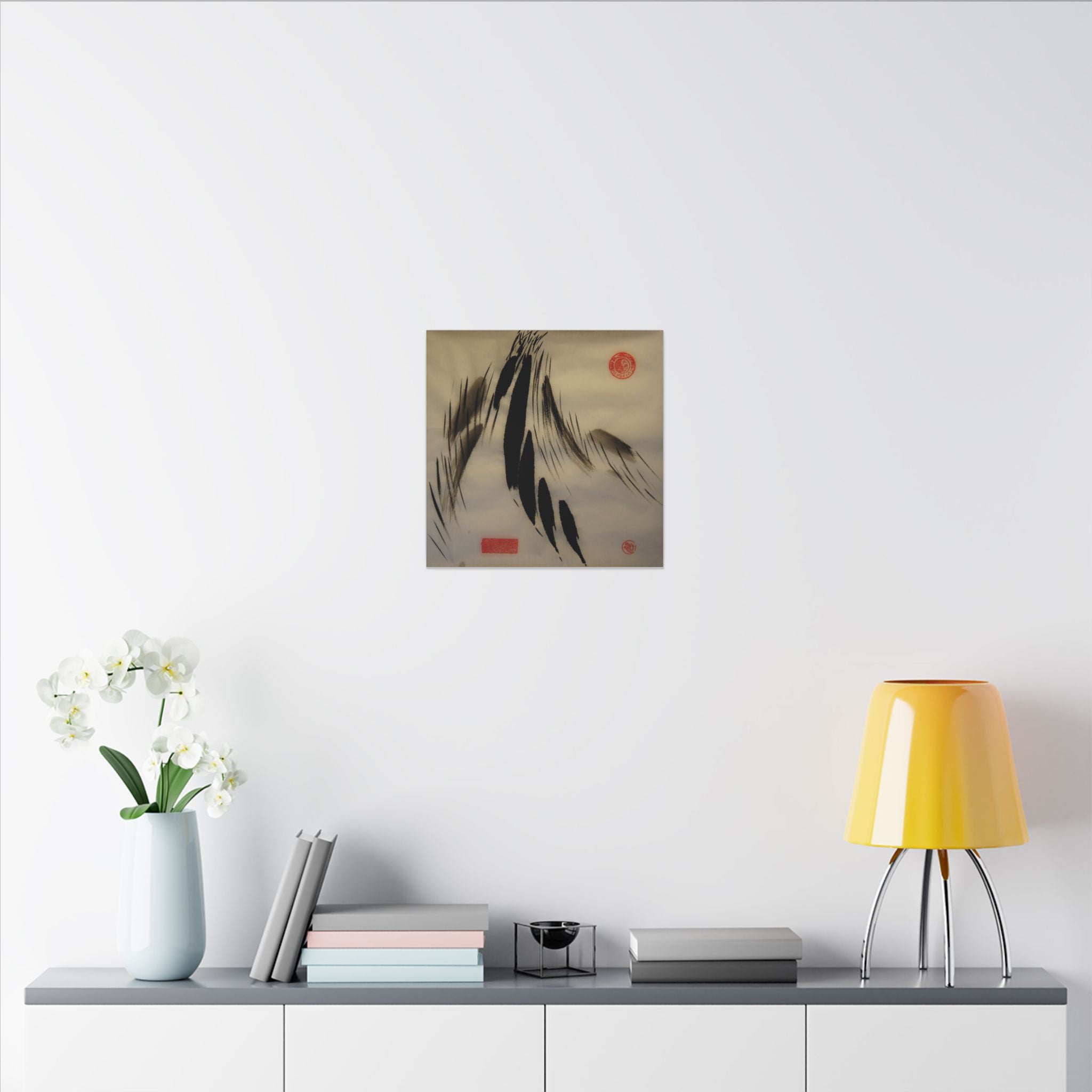 Abstracte wanddecoratie op canvas met inktpenseel — minimalistische Aziatische kalligrafiestijl 