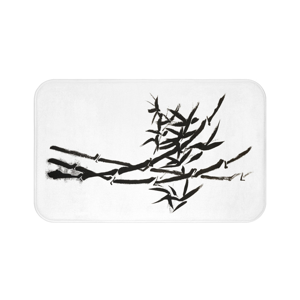 Zen Bamboo Bath Mat — Minimal Black Ink Sumi-e Design