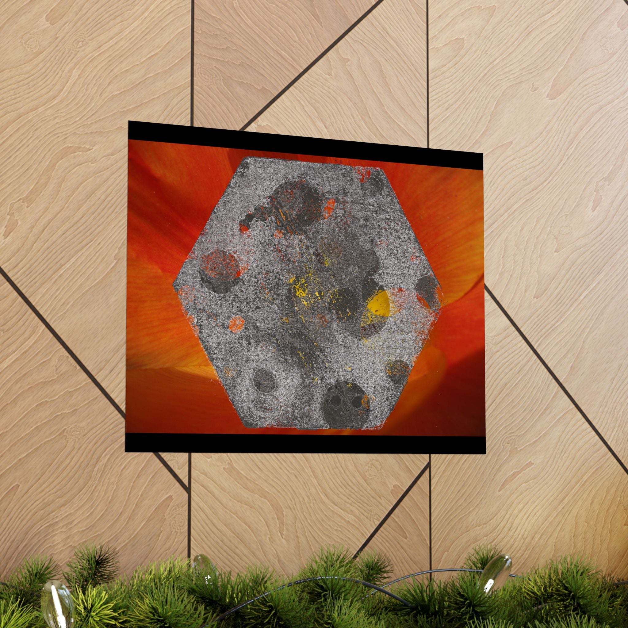 Abstract Hexagon Art Poster — Red Orange Matte Horizontal Print