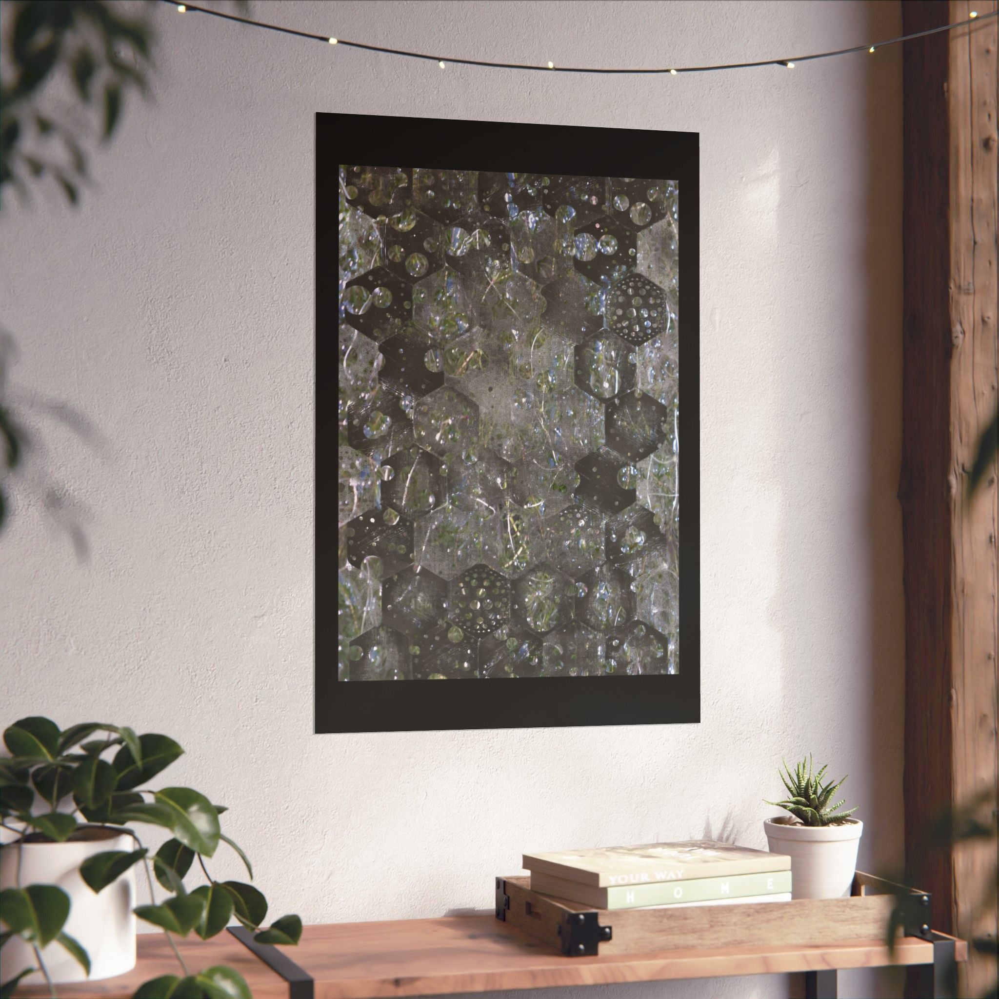 Abstracte zeshoekige bubbelposter met matte afwerking — Geometrische metallic wanddecoratie 