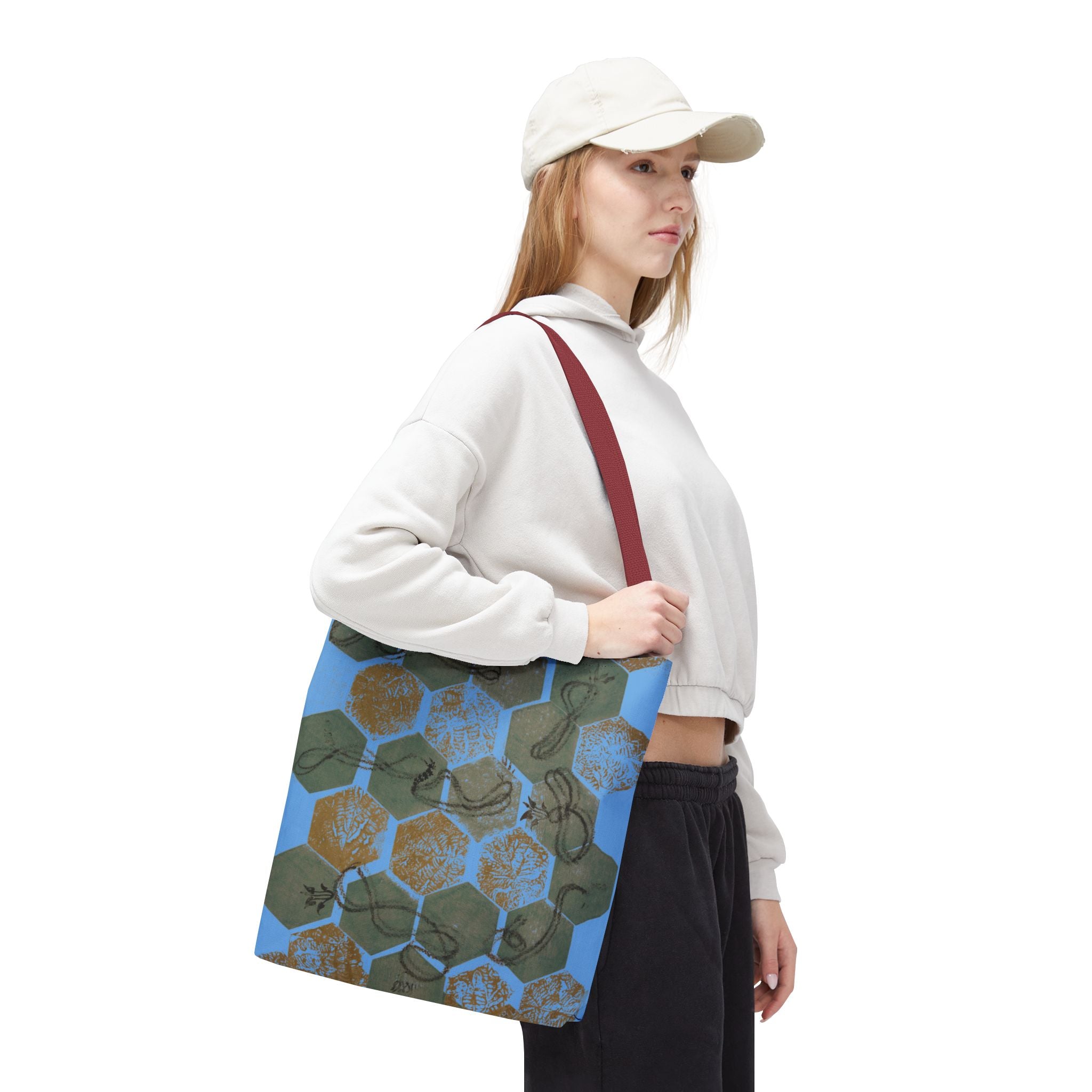 Hexagon Honeycomb Tote Bag — Blue Botanical Pattern AOP