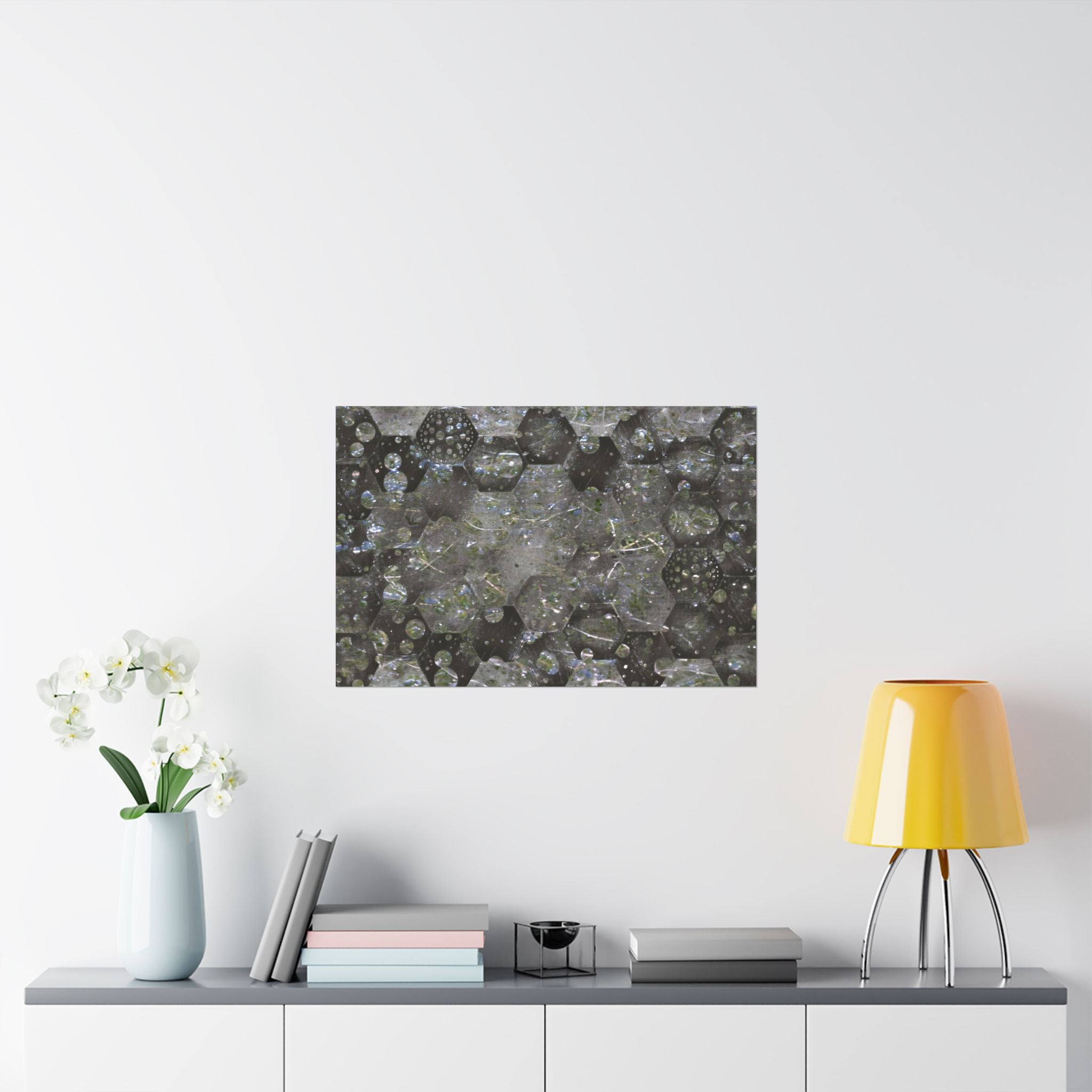 Abstracte zeshoekige poster met bubbelstructuur en matte afwerking — Geometrische wanddecoratie 