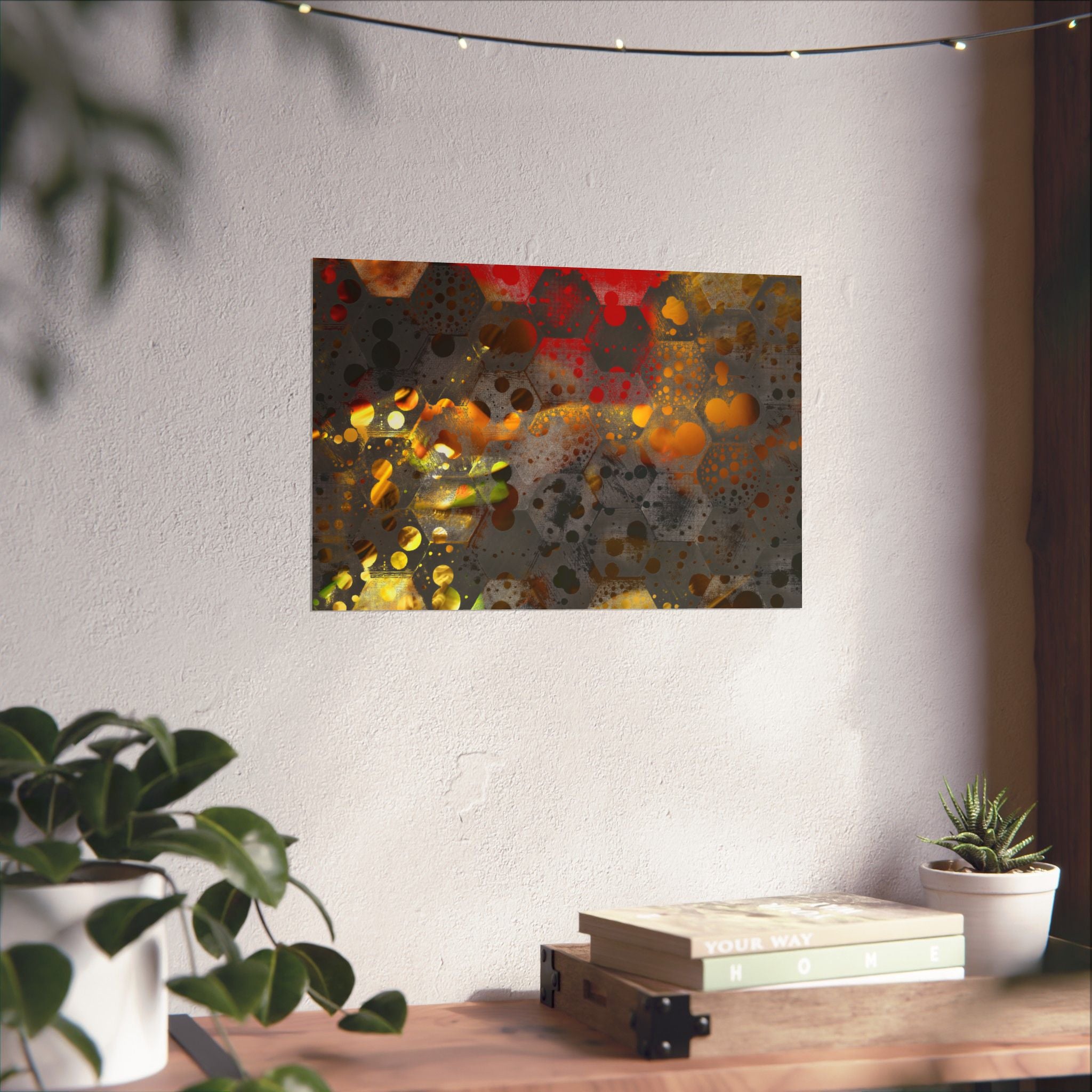 Abstracte matte poster met honingraatpatroon — Geometrische kunst in warme goud- en roesttinten 