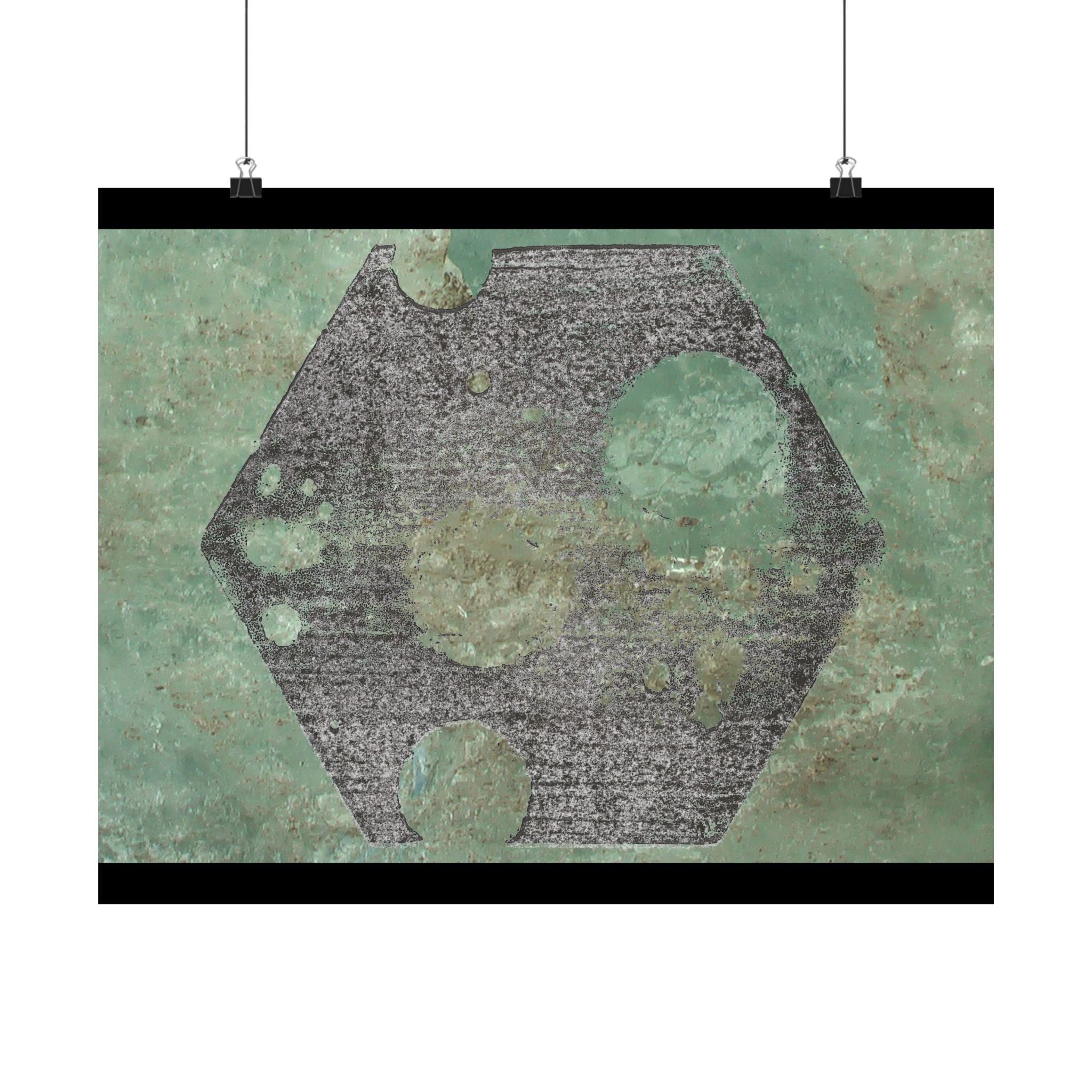 Geometrische zeshoekige maan kunst matte horizontale poster | Groene abstracte hemelprint 