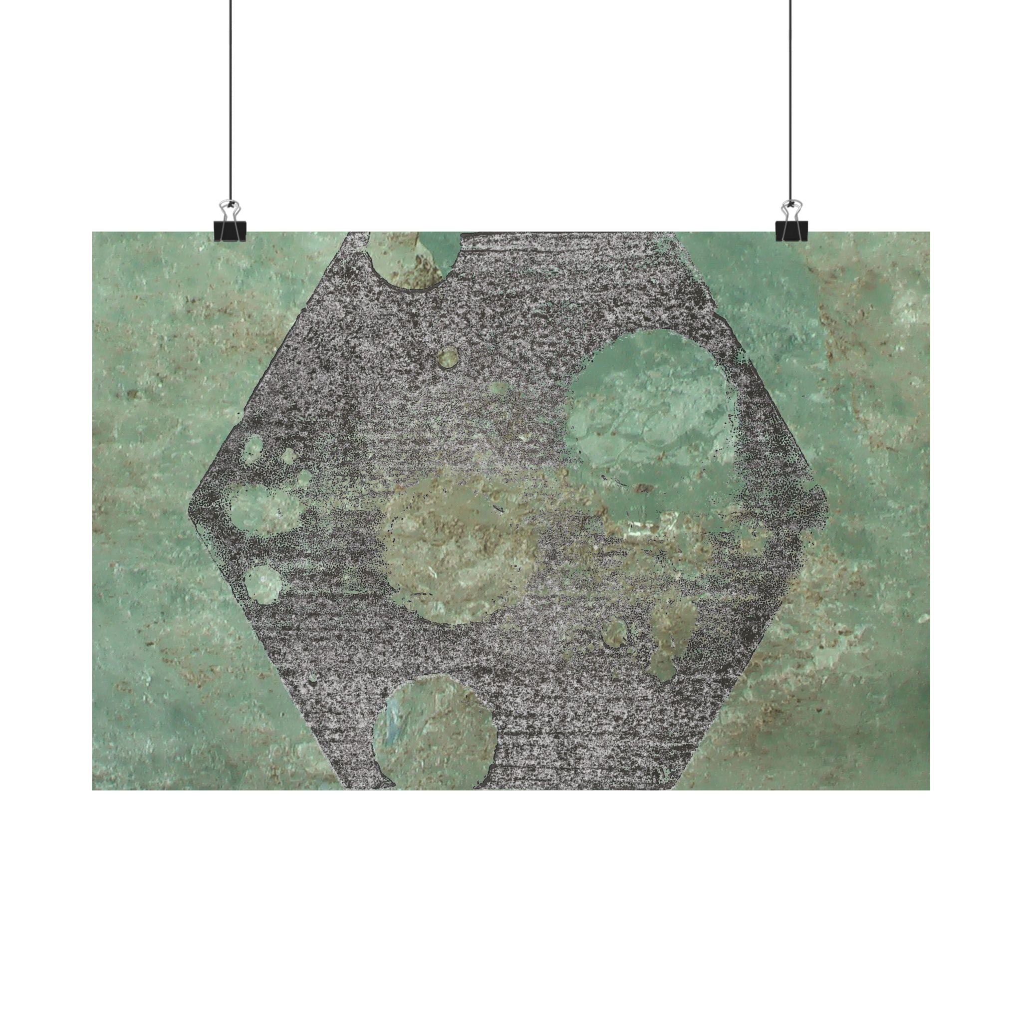 Geometrische zeshoekige maan kunst matte horizontale poster | Groene abstracte hemelprint 