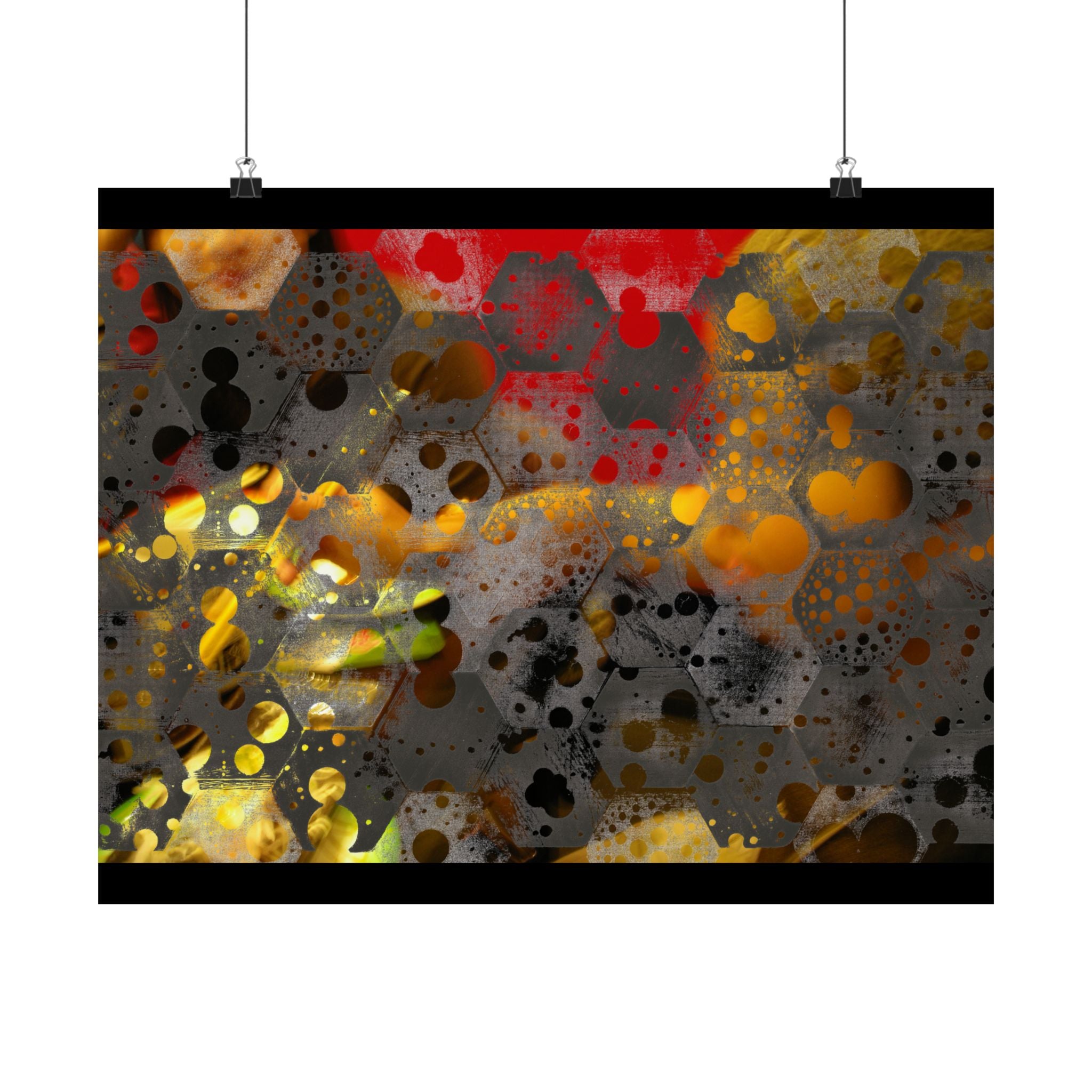 Abstracte matte poster met honingraatpatroon — Geometrische kunst in warme goud- en roesttinten 