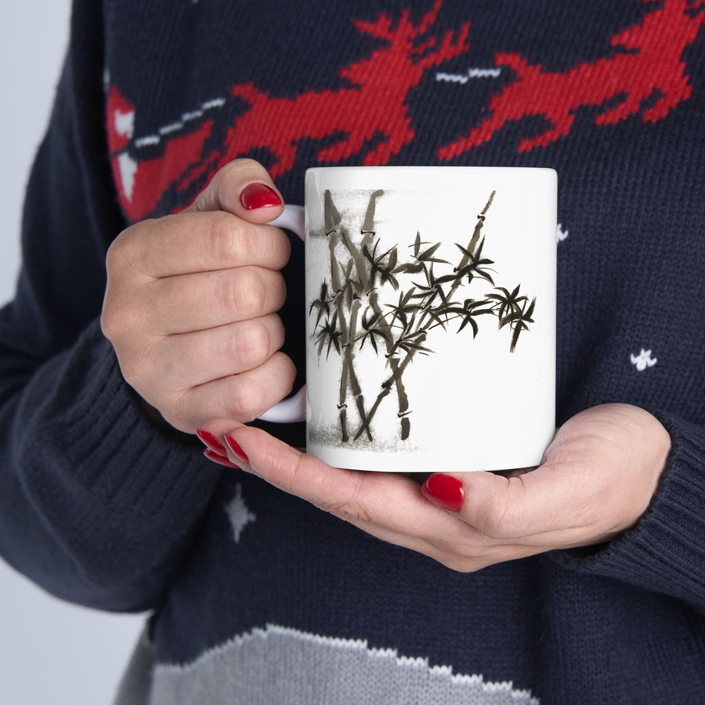 Bamboo Ink Ceramic Mug — Minimalist Asian Brush Painting Coffee Cup (11oz/15oz)