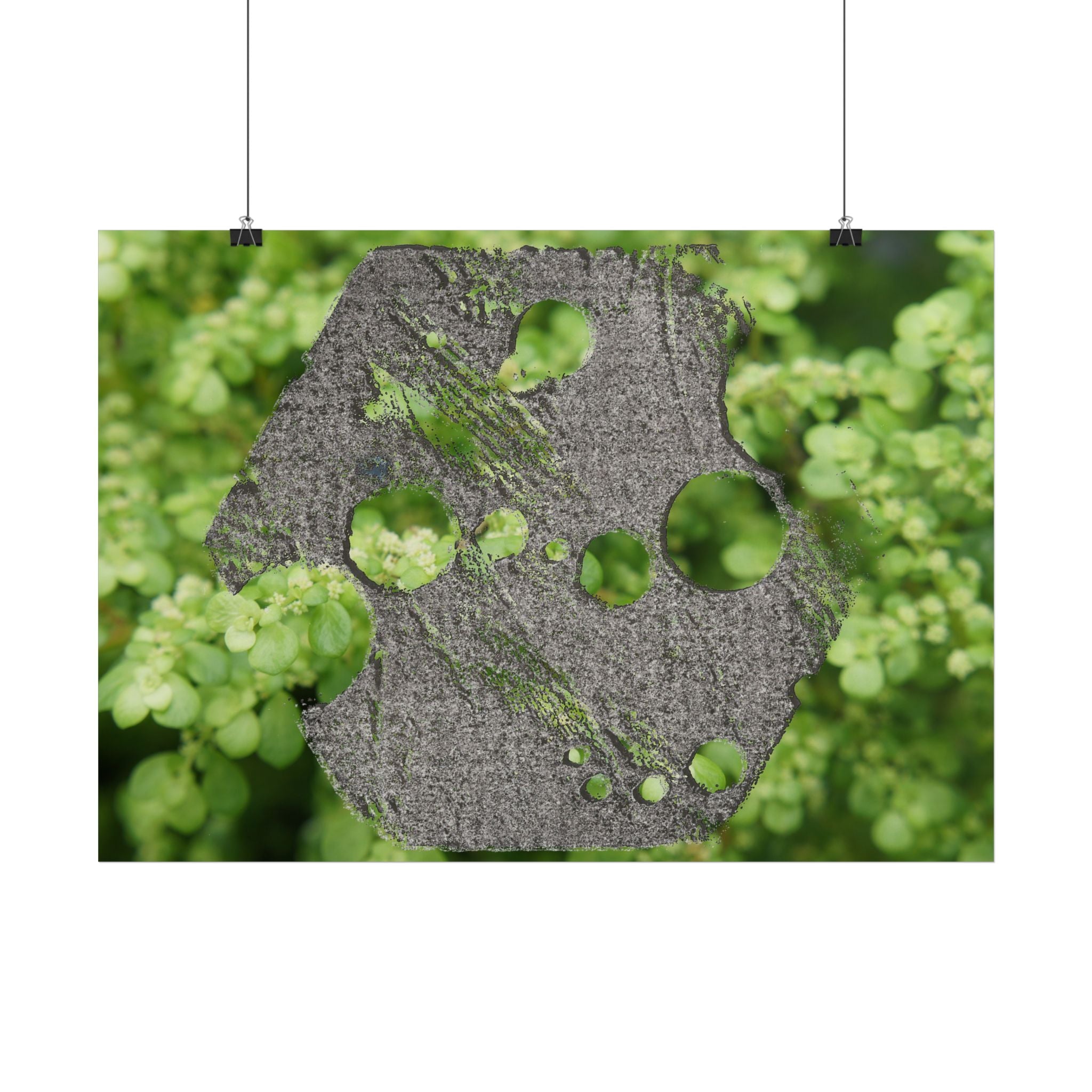 Abstracte poster met groen mos en verweerd metaal — Botanische natuur muurdecoratie (horizontaal) 