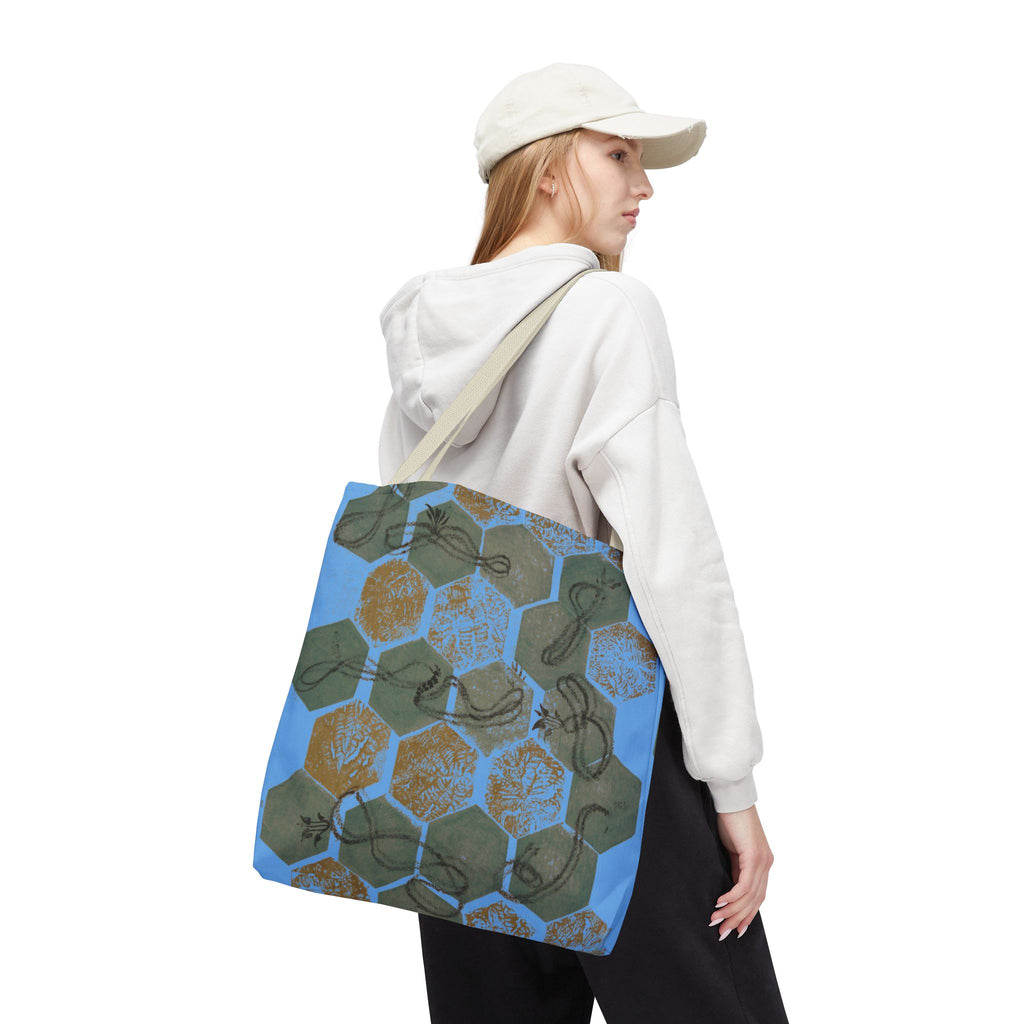 Hexagon Honeycomb Tote Bag — Blue Botanical Pattern AOP