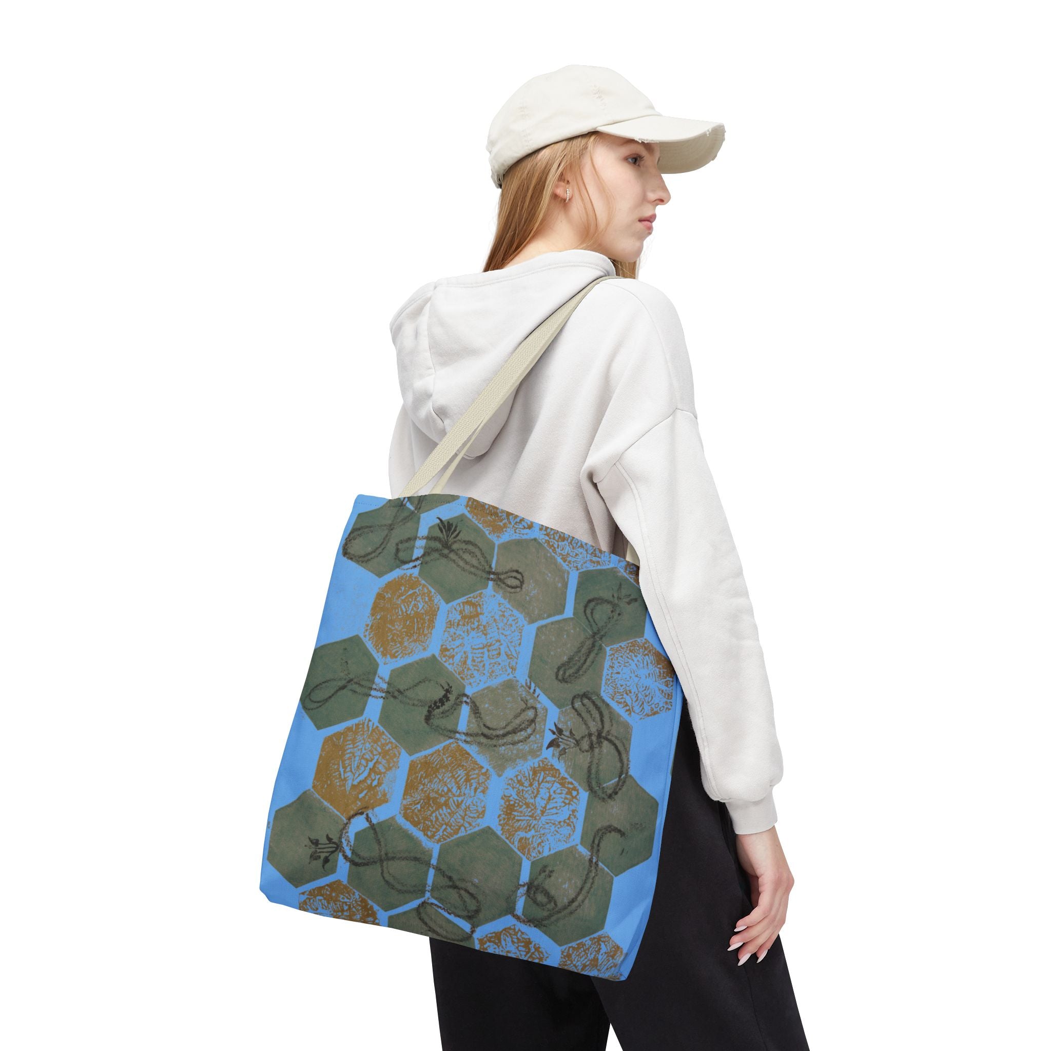 Hexagon Honeycomb Tote Bag — Blue Botanical Pattern AOP