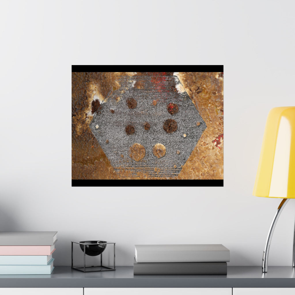 Abstracte roestkleurige zeshoekige matte horizontale poster — Industriële wanddecoratie voor thuis, kantoor en loft. 