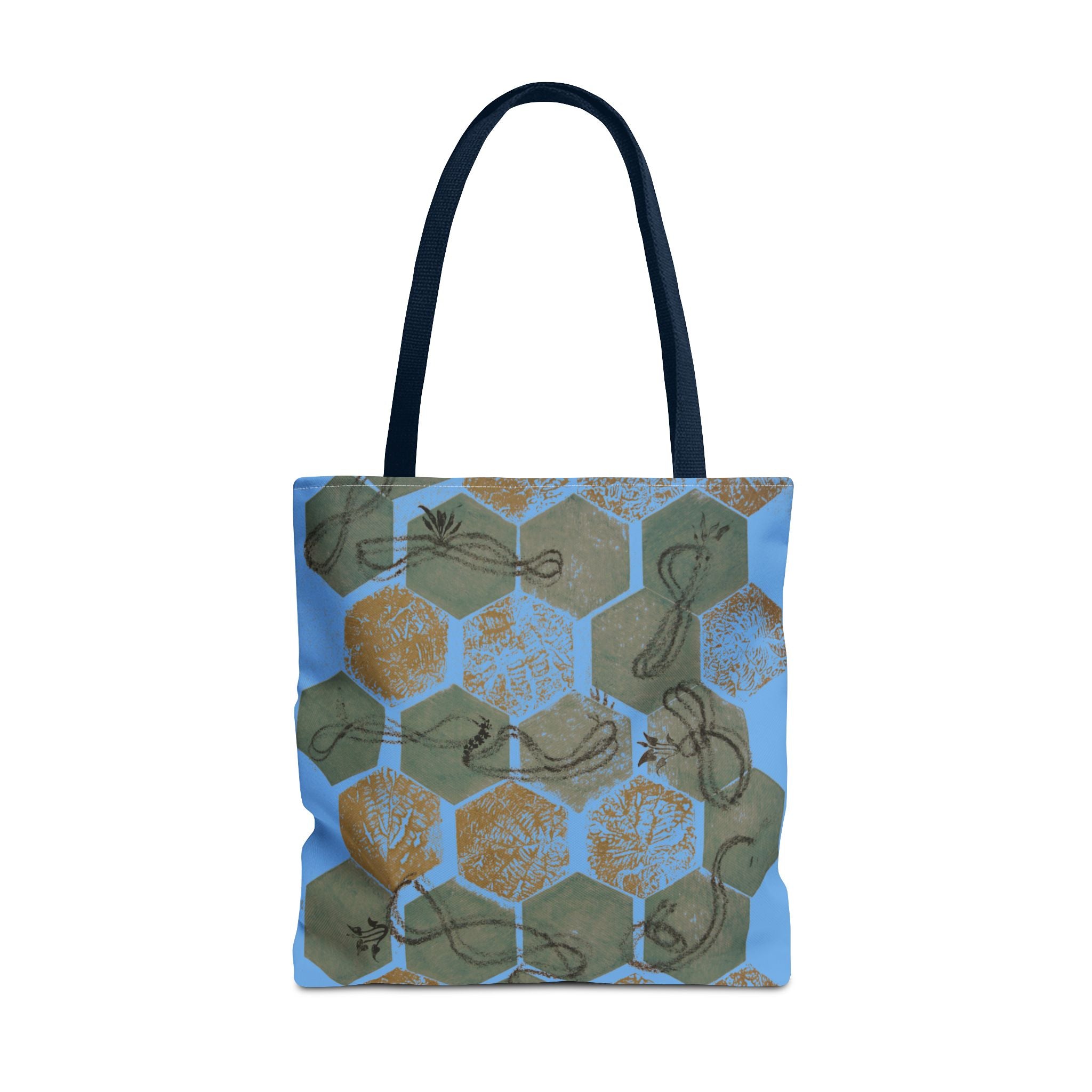 Hexagon Honeycomb Tote Bag — Blue Botanical Pattern AOP